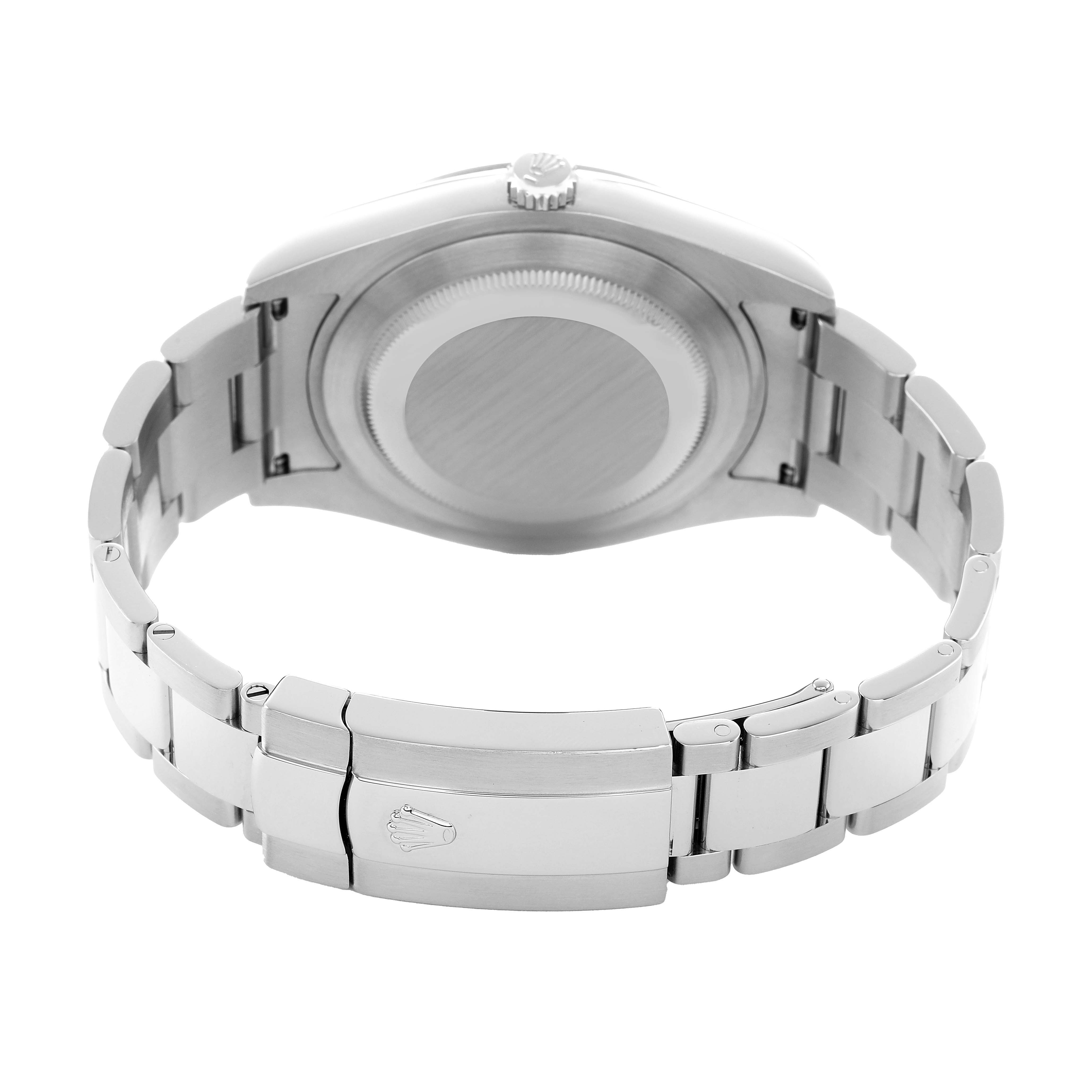 The image shows the back and bracelet of a Rolex Datejust 41 116334 Men's Stainless Steel Silver Dial, highlighting its clasp and case.