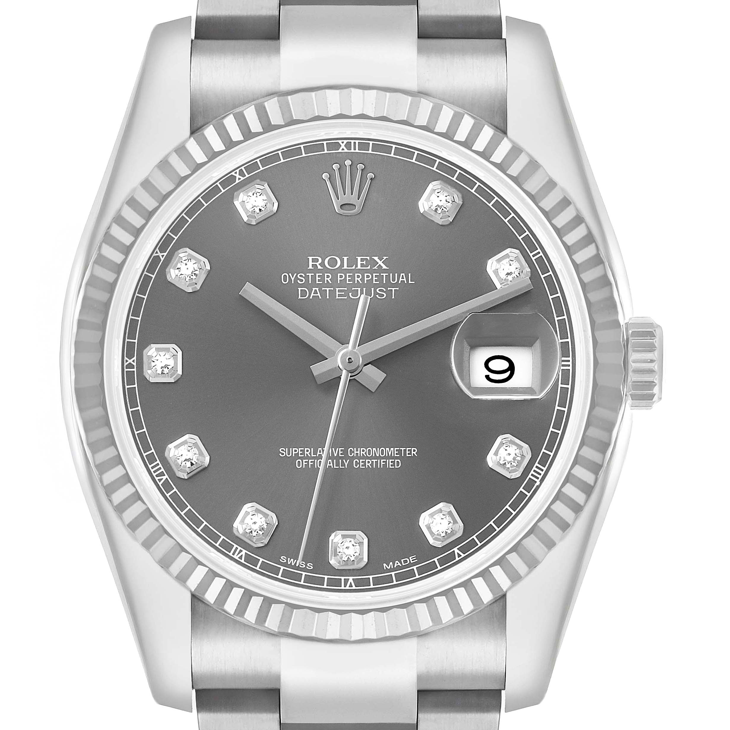 The Rolex Datejust 41 116334 Men's Stainless Steel Silver Dial watch is shown from the front, highlighting its bezel, dial, hands, date window, and part of the bracelet.