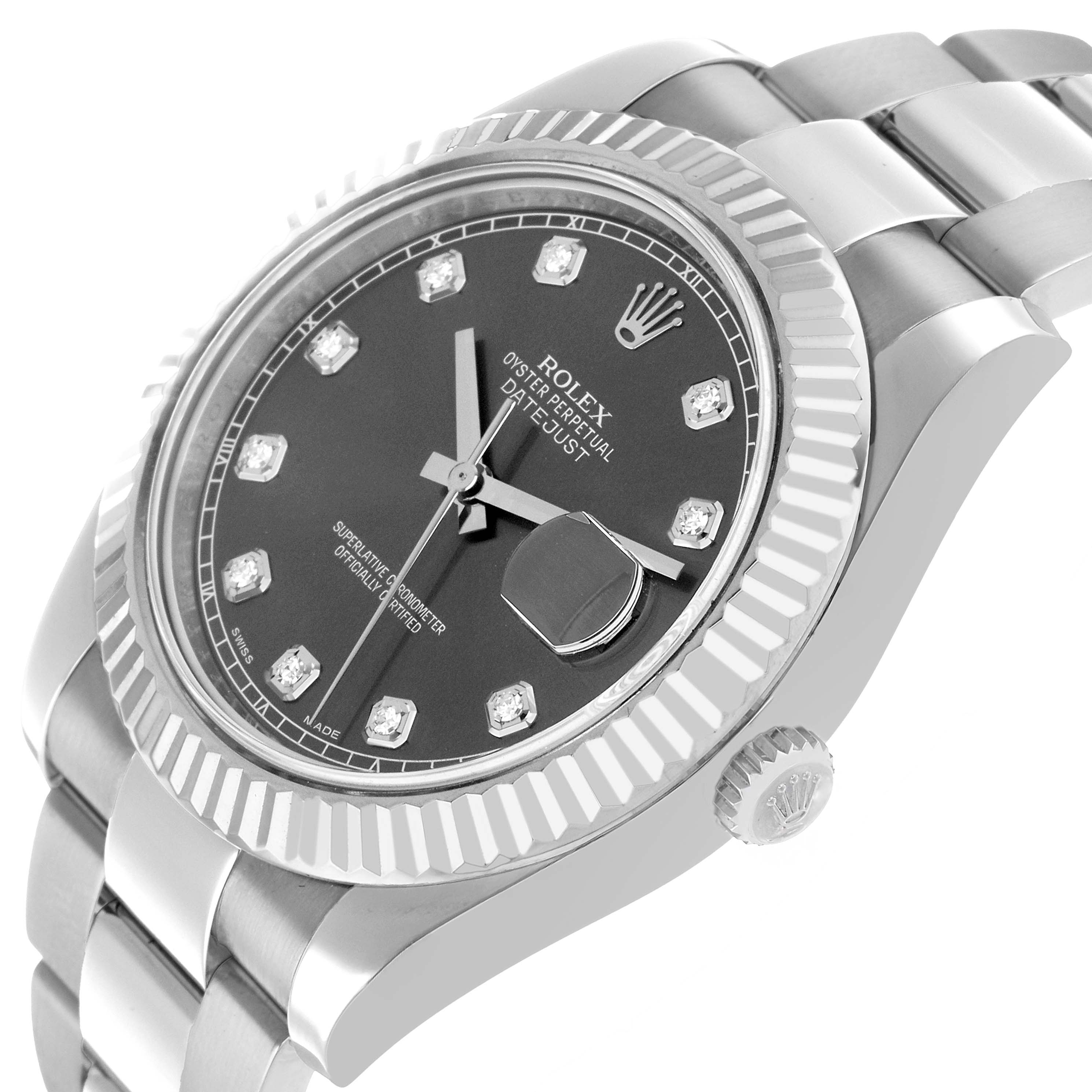The Rolex Datejust 41 116334 Men's Stainless Steel Silver Dial watch is shown at a slight side angle, displaying the black dial, fluted bezel, and part of the bracelet.