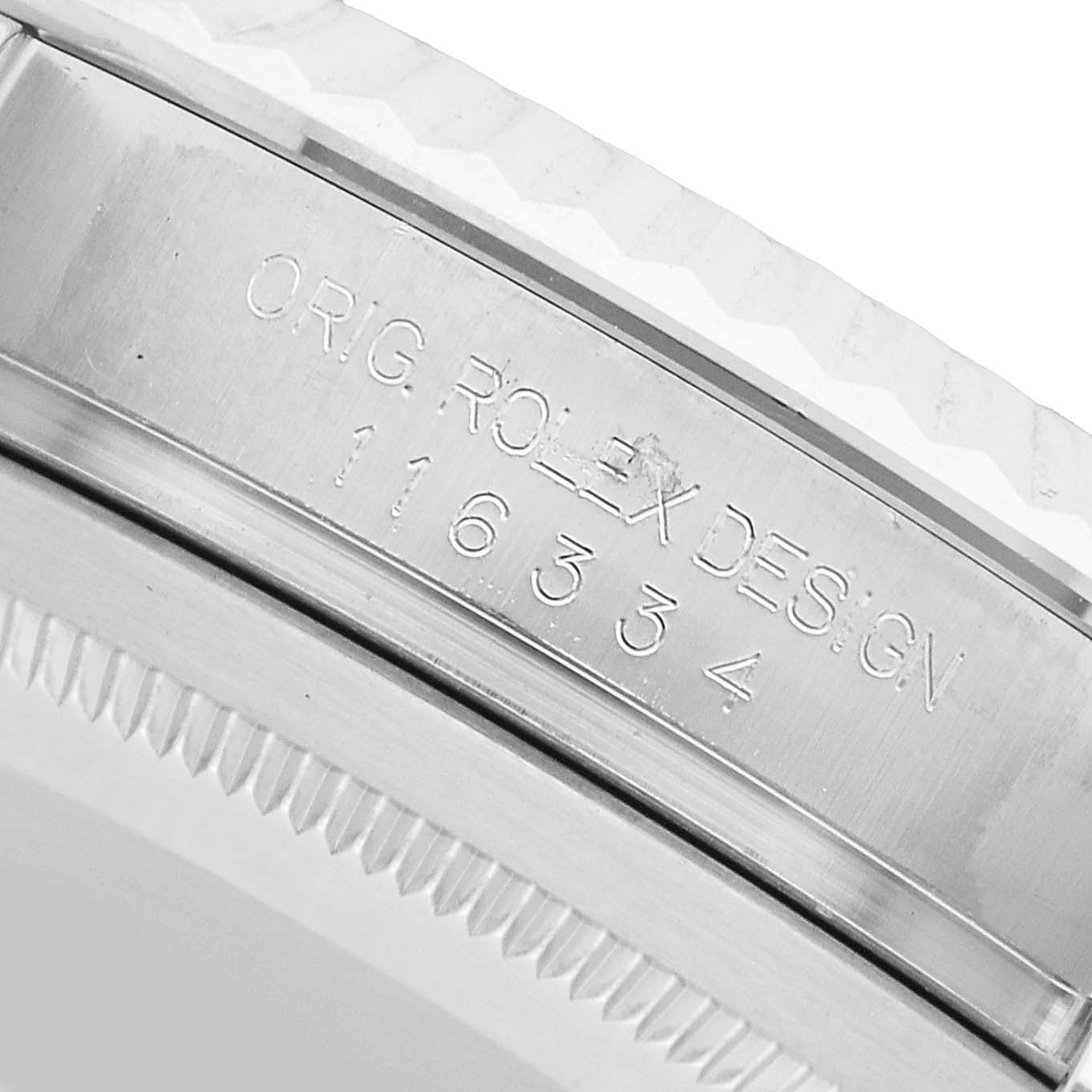 The image shows a close-up of the case side engraving on a Rolex Datejust 41 116334 Men's Stainless Steel Silver Dial, highlighting the model number.