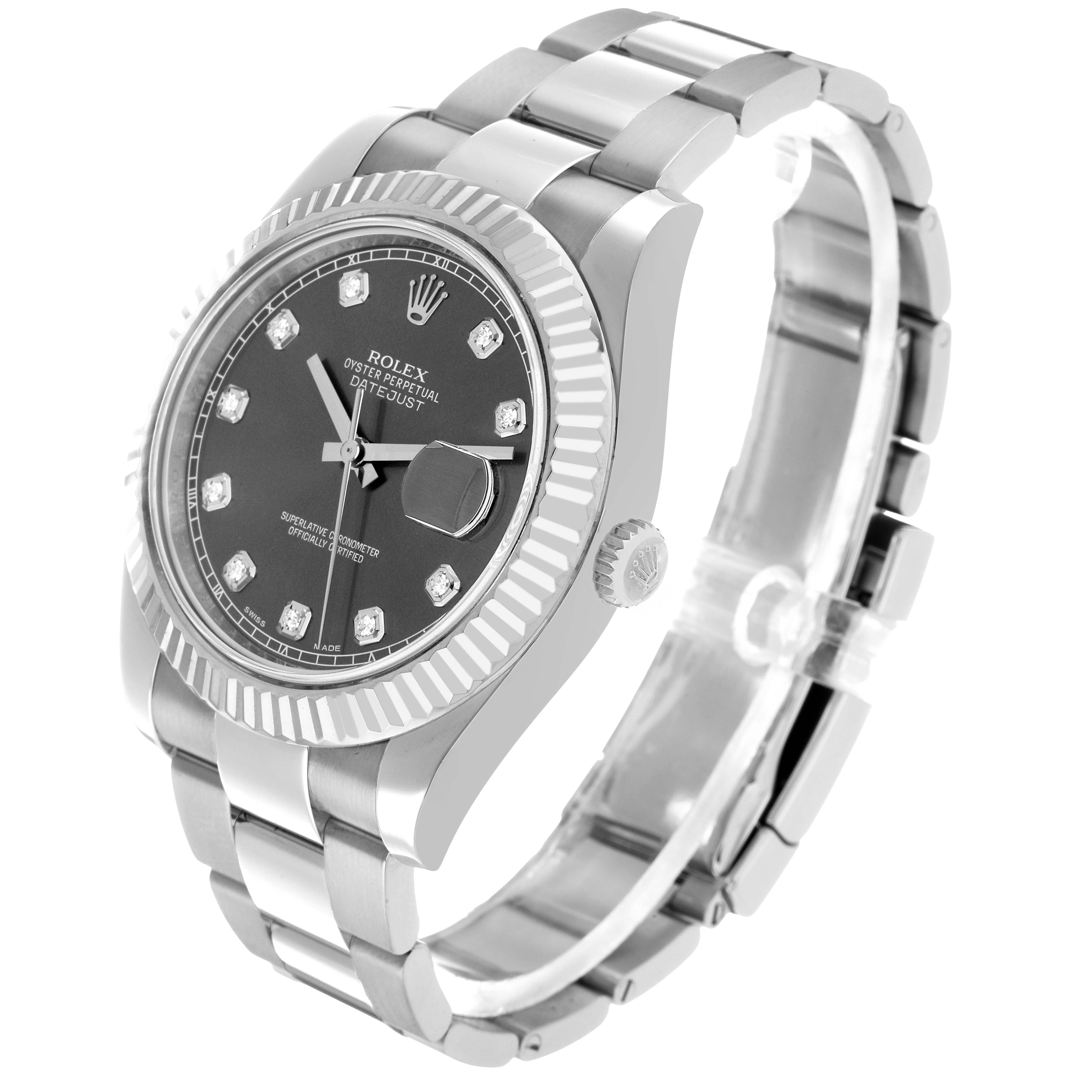 The Rolex Datejust 41 116334 Men's Stainless Steel Silver Dial is shown at a slight angle, highlighting the dial, bezel, bracelet, and crown.