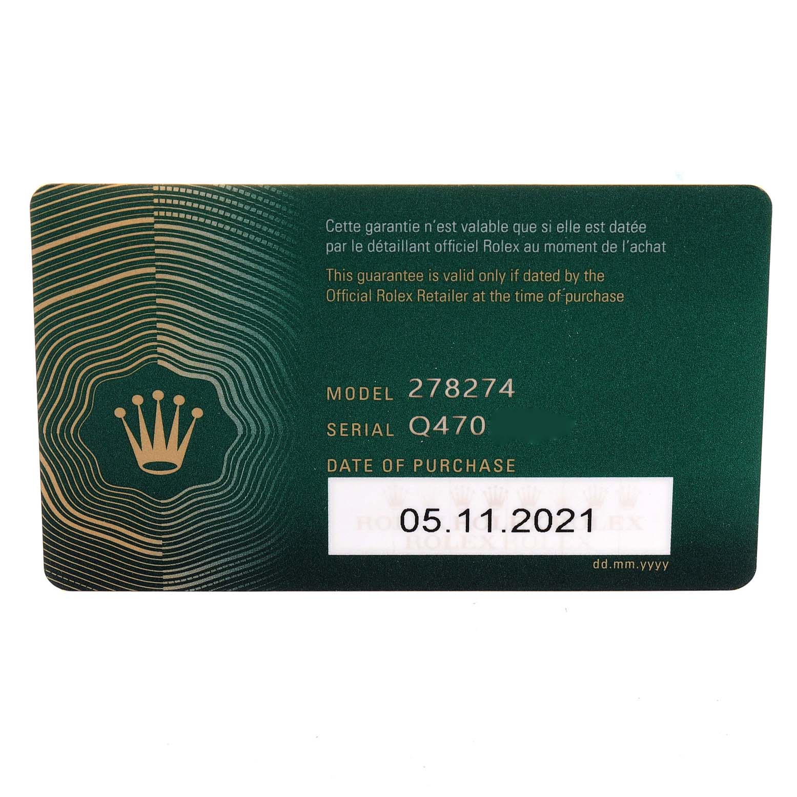 This image shows the warranty card for the Mid-Size Rolex model 278274, including the serial number and date of purchase.