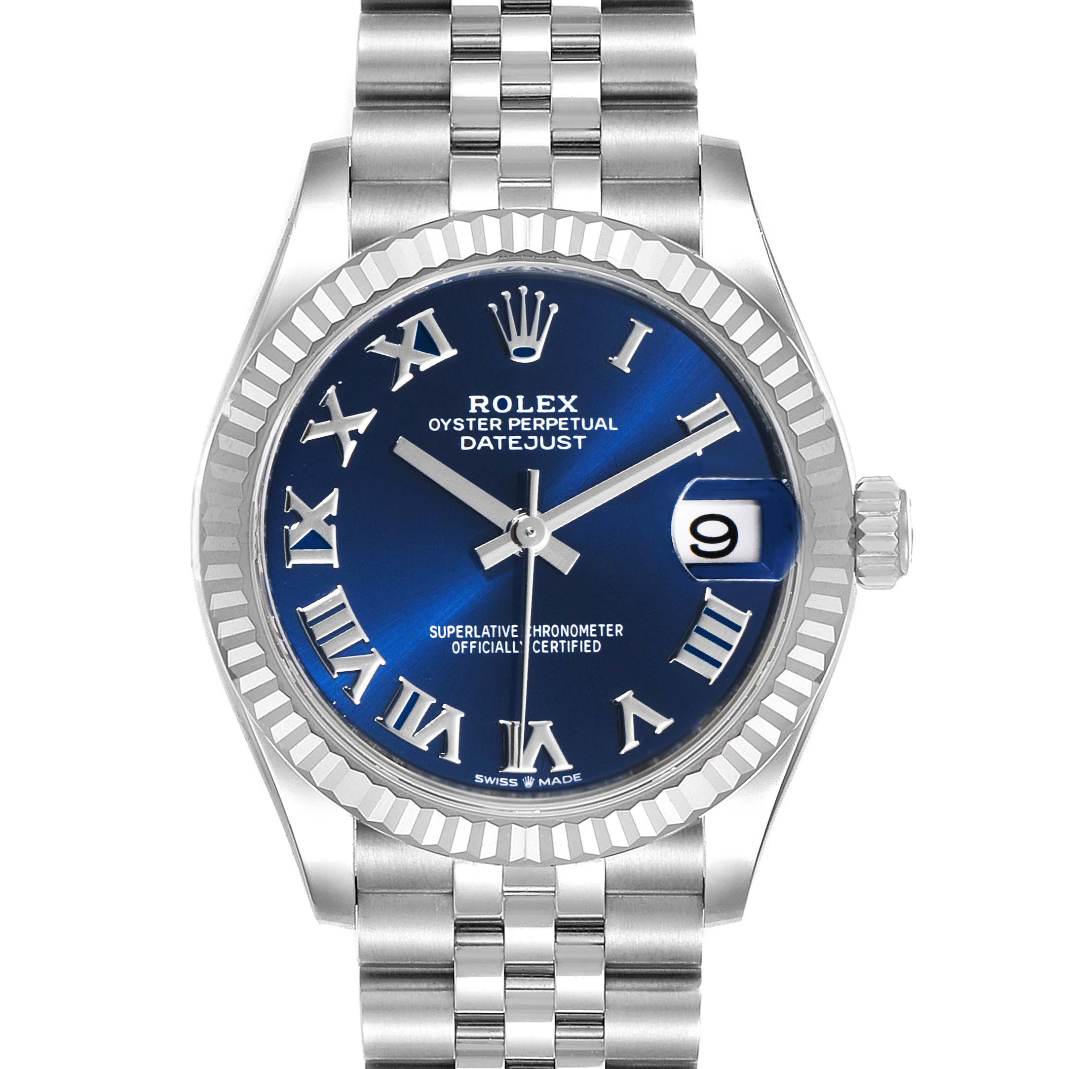 The image shows a front view of the Rolex Mid-Size 278274 Women
s Stainless Steel Blue Dial 278274 Women
s Stainless Steel Blue Dial Datejust, highlighting its blue dial, Roman numerals, and date window at 3 o
clock.