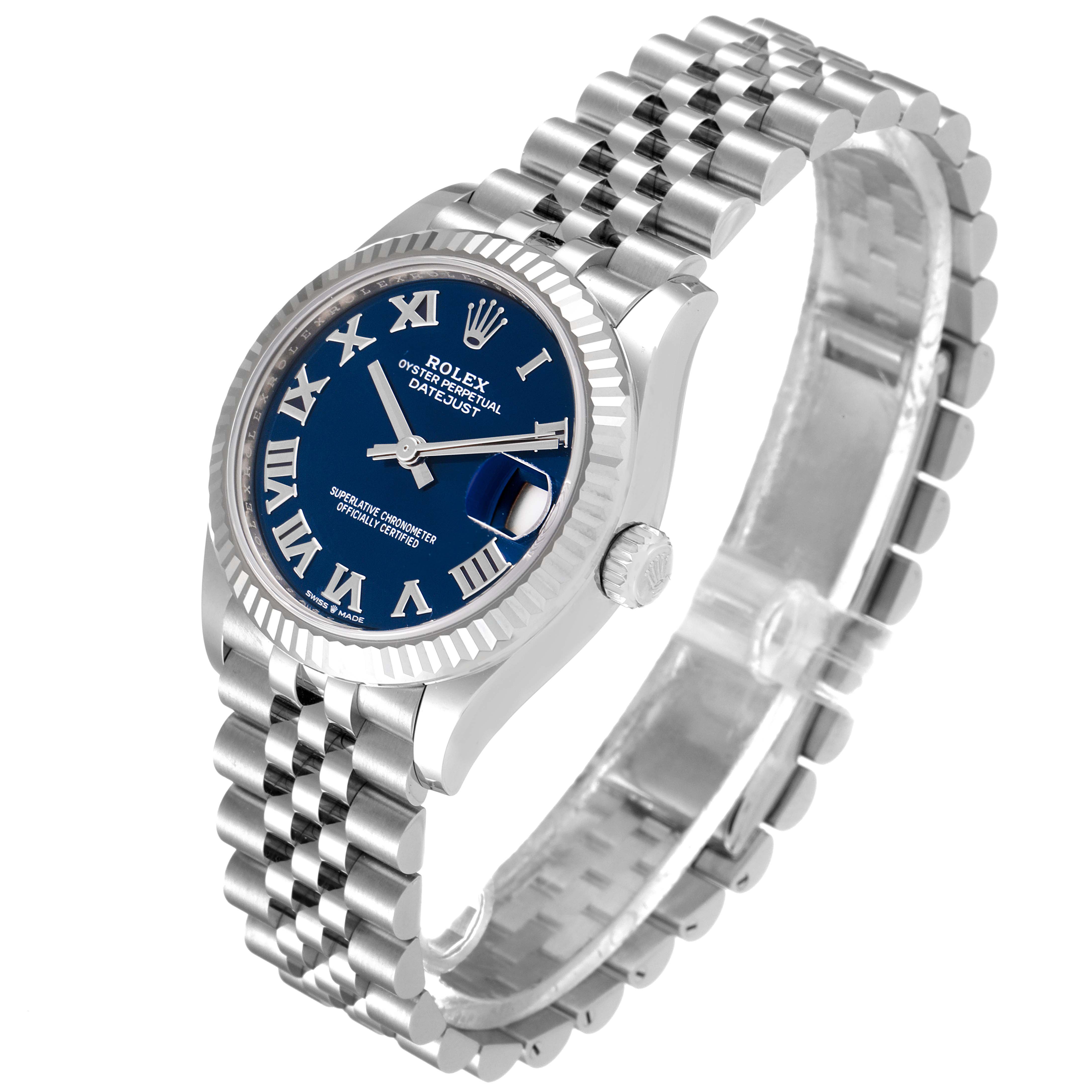 The image shows a mid-size Rolex Datejust watch, angled to display the face, bezel, crown, and Jubilee bracelet.