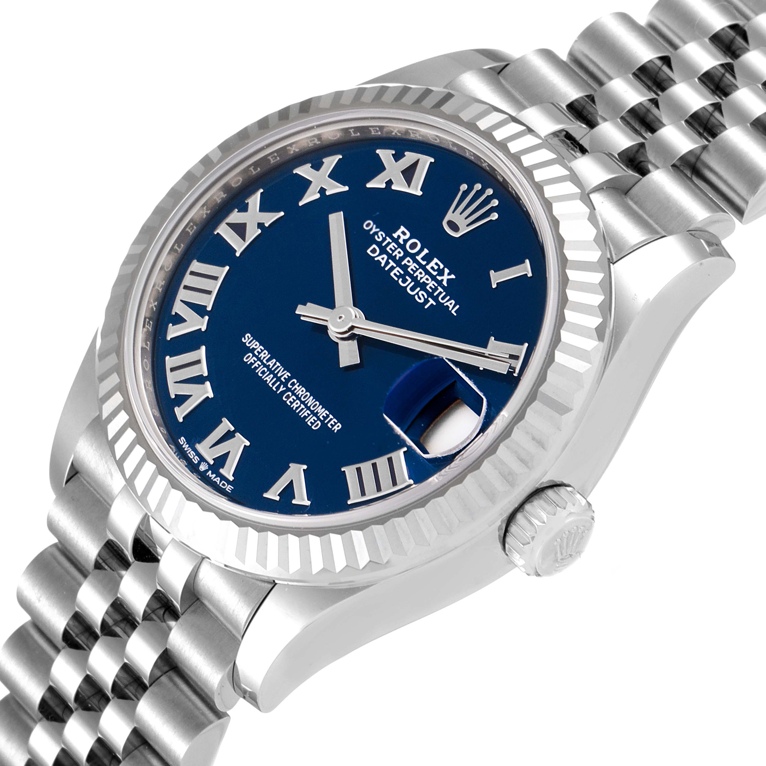 The image shows a Rolex Mid-Size 278274 Women
s Stainless Steel Blue Dial 278274 Women
s Stainless Steel Blue Dial Datejust watch at an angled close-up, highlighting the face, crown, and part of the bracelet.