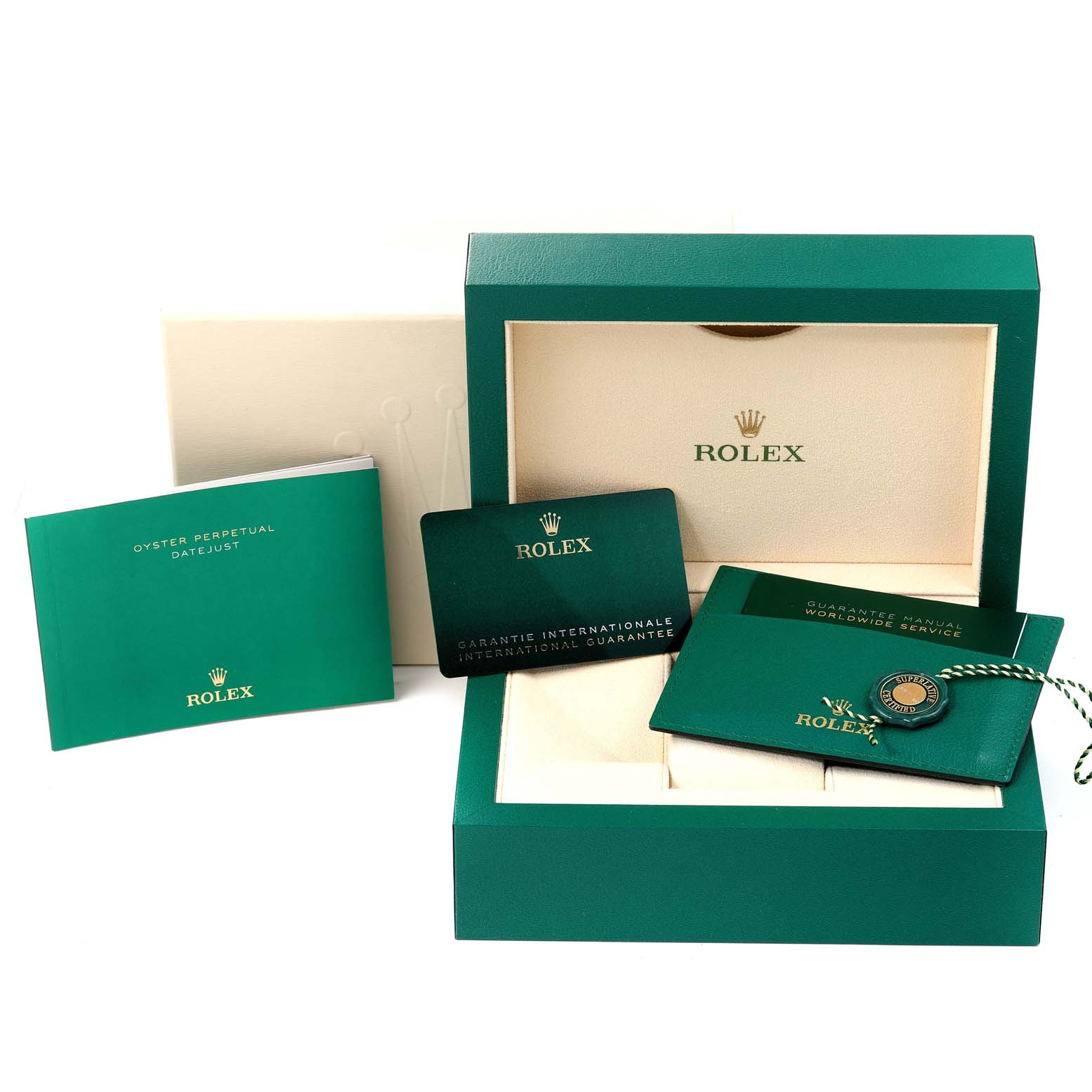 This image shows a Rolex Mid-Size 278274 Women
s Stainless Steel Blue Dial 278274 Women
s Stainless Steel Blue Dial watch box, warranty card, manuals, and accessories from a front angle.