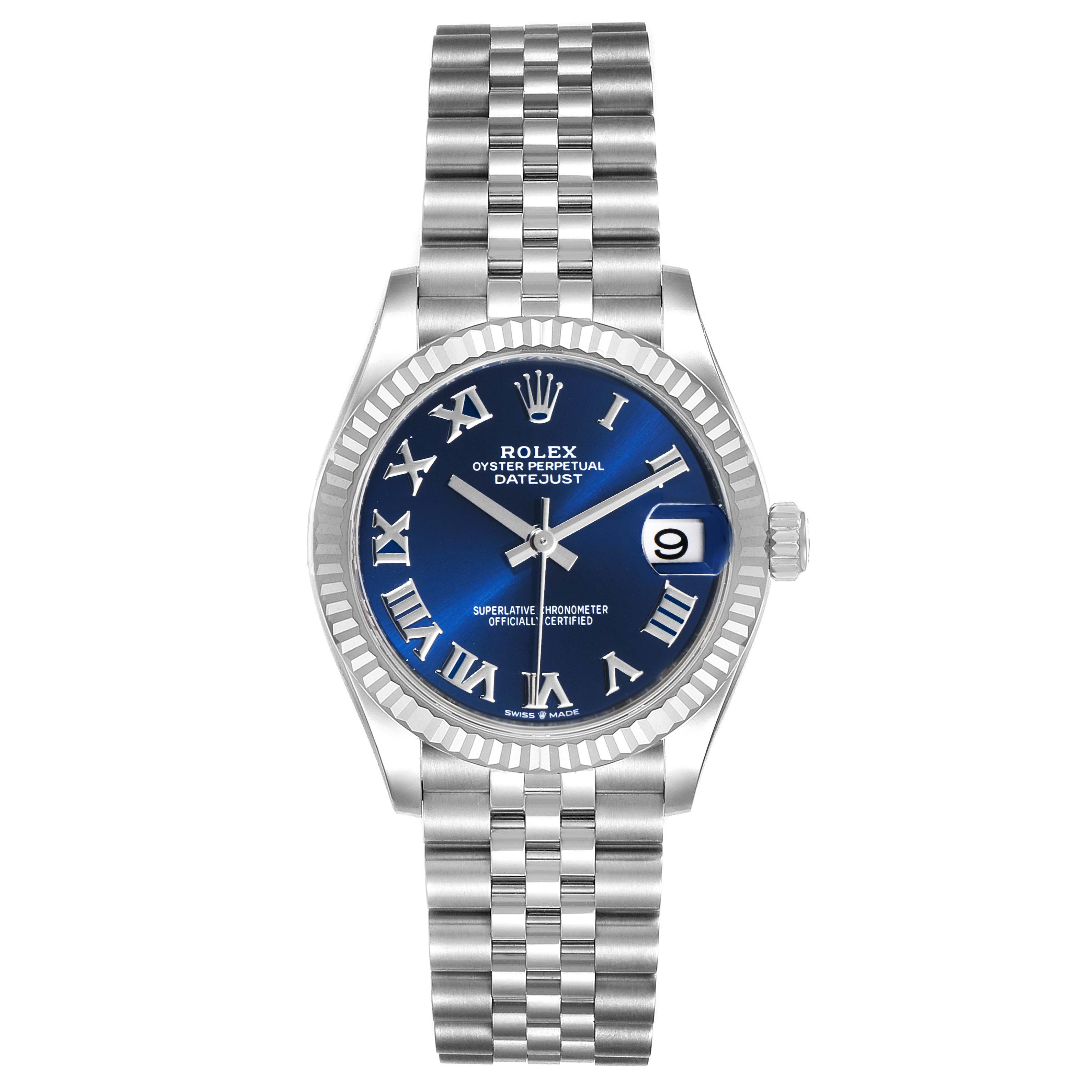 The Rolex Mid-Size 278274 Women
s Stainless Steel Blue Dial 278274 Women
s Stainless Steel Blue Dial Datejust watch is shown from a top-down angle, displaying the dial, bezel, and bracelet.