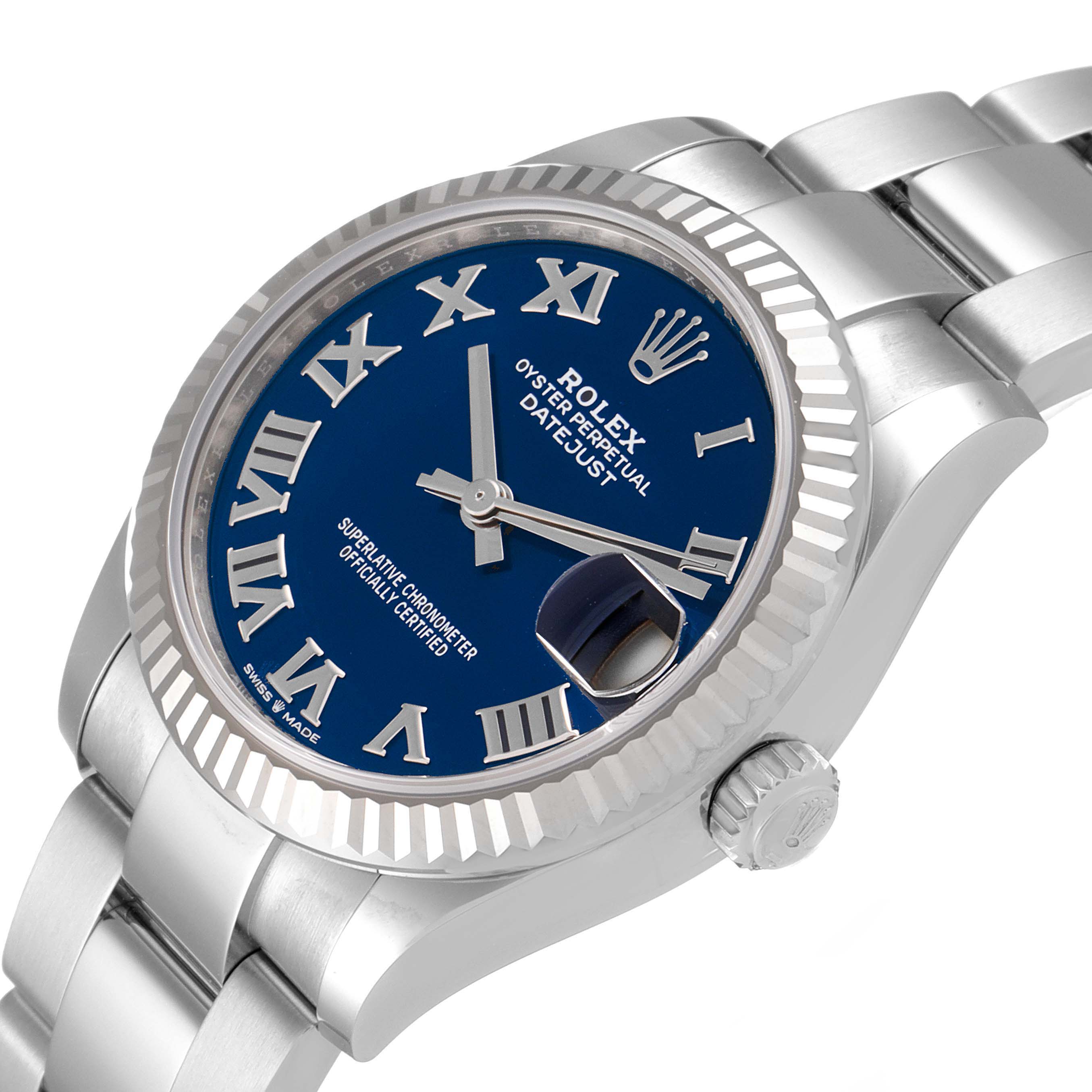 The image shows a close-up of the Rolex Oyster Perpetual Datejust Mid-Size watch, highlighting the bezel, dial, and part of the bracelet.