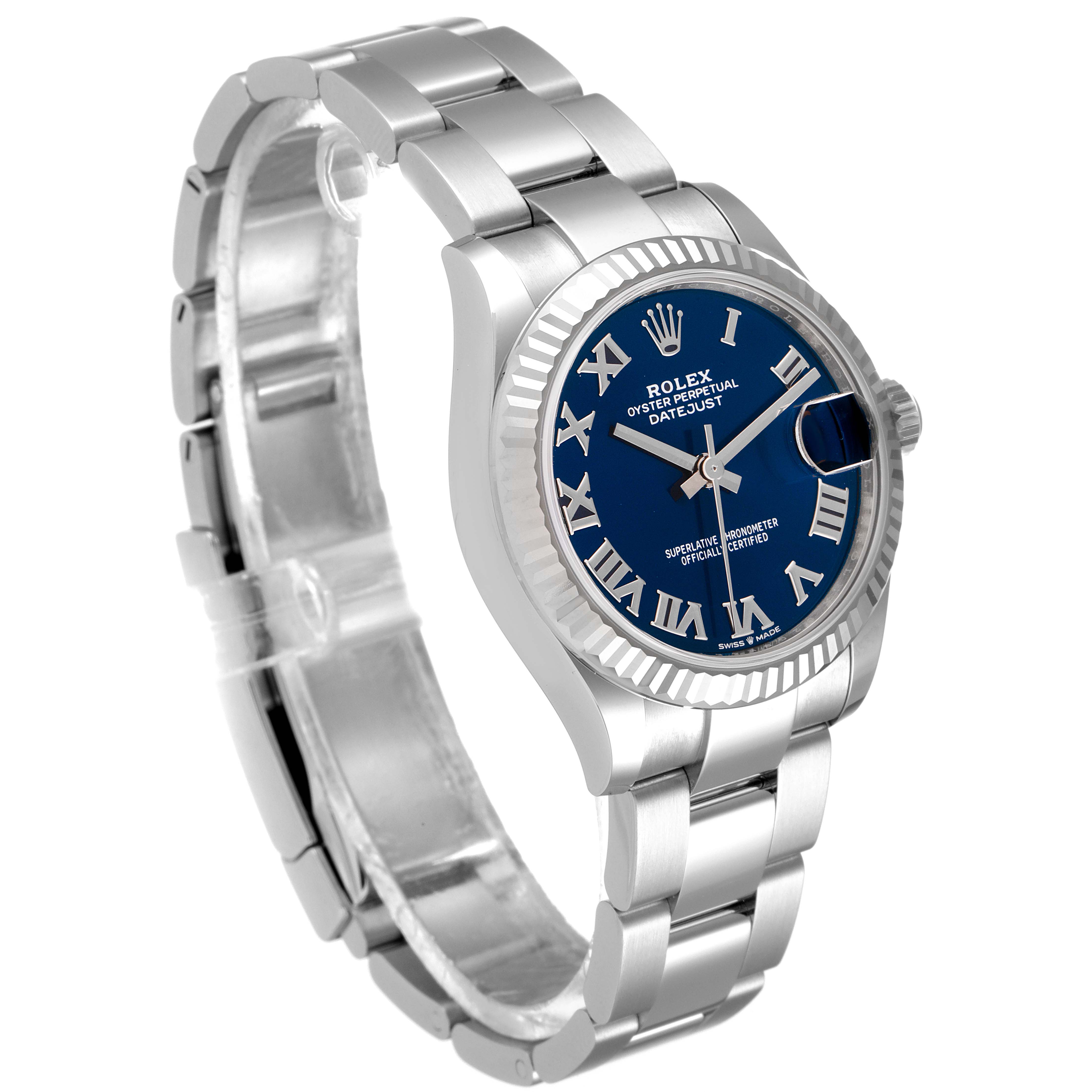 The image shows a side angle of a Mid-Size Rolex Oyster Perpetual Datejust, highlighting the blue dial, bezel, and bracelet.