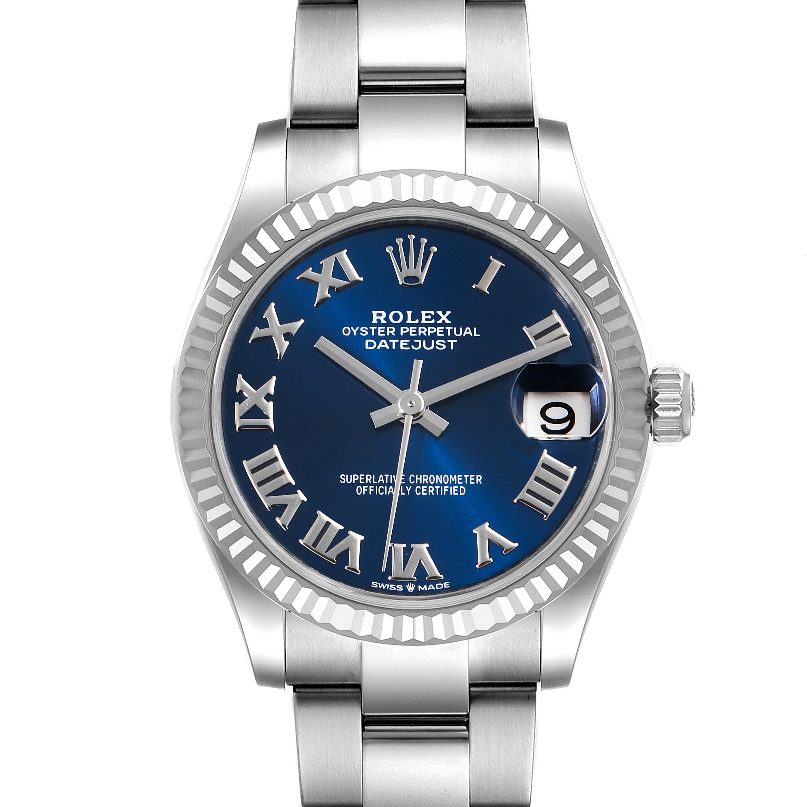 This is a front view of the Rolex Oyster Perpetual Datejust Mid-Size watch, showing the dial, bezel, and part of the bracelet.