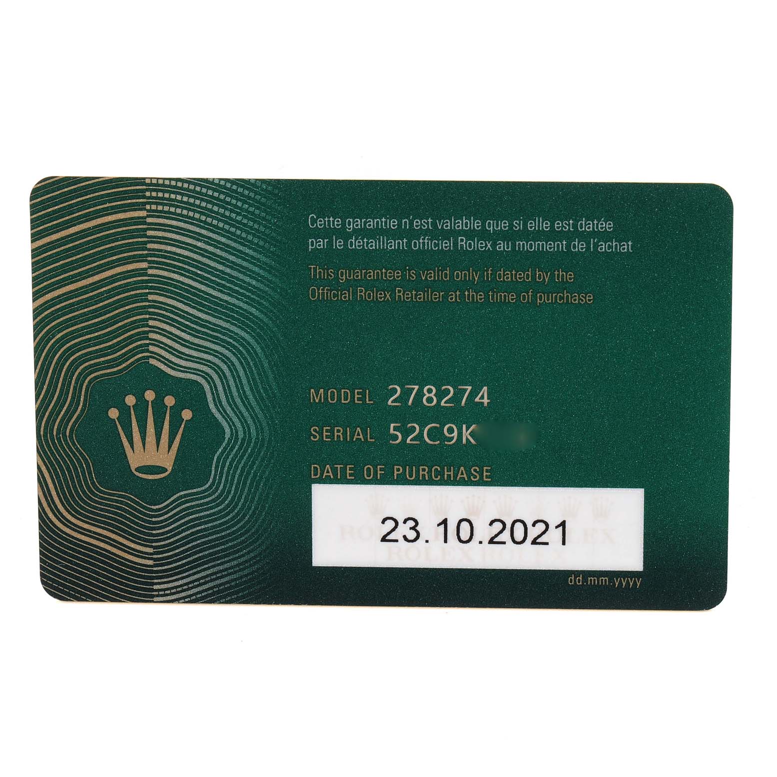 The image shows a Rolex guarantee card for a Mid-Size model 278274 watch, displaying model, serial number, and purchase date.