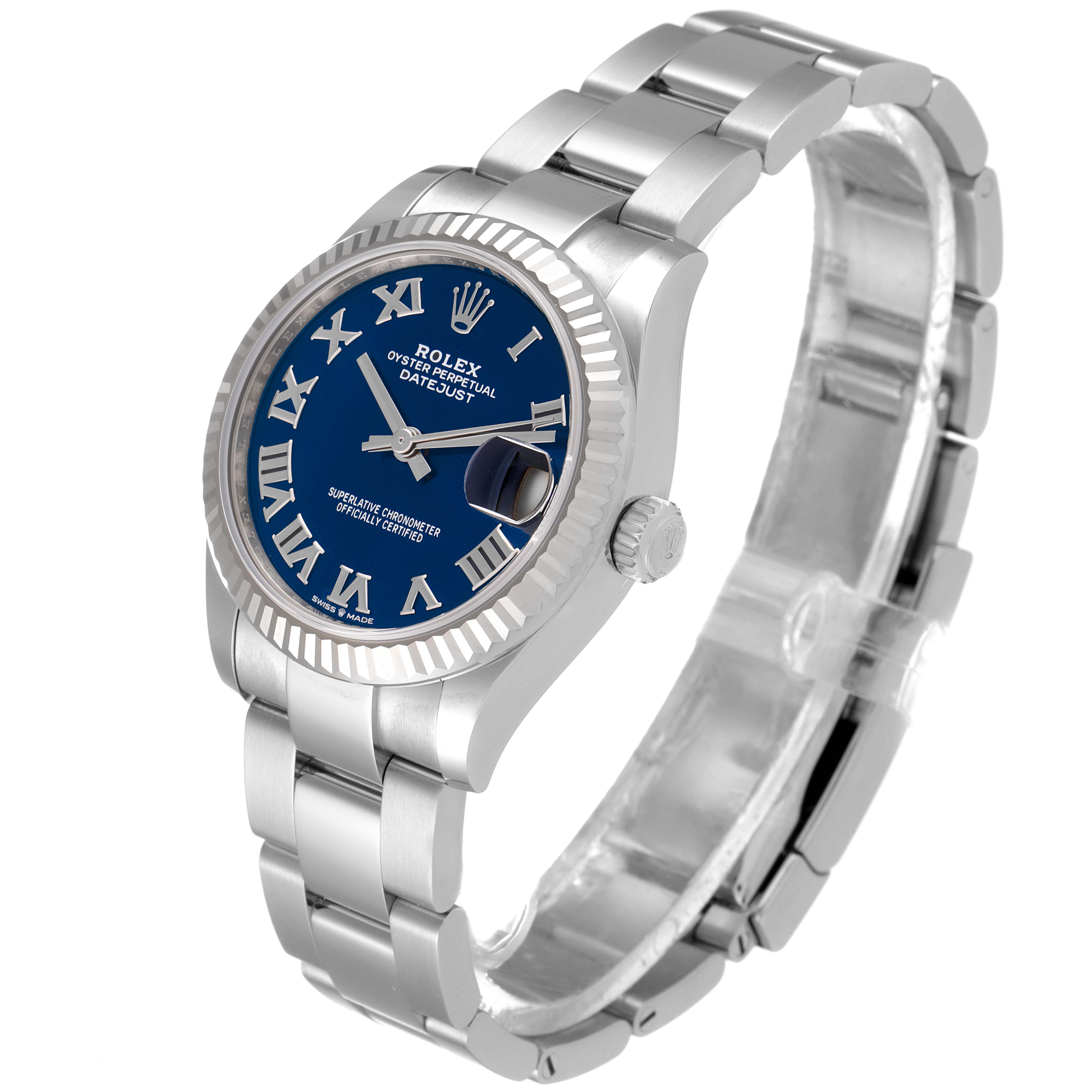 The image shows a Rolex Oyster Perpetual Datejust Mid-Size watch at a three-quarter angle, highlighting its blue dial and stainless steel bracelet.