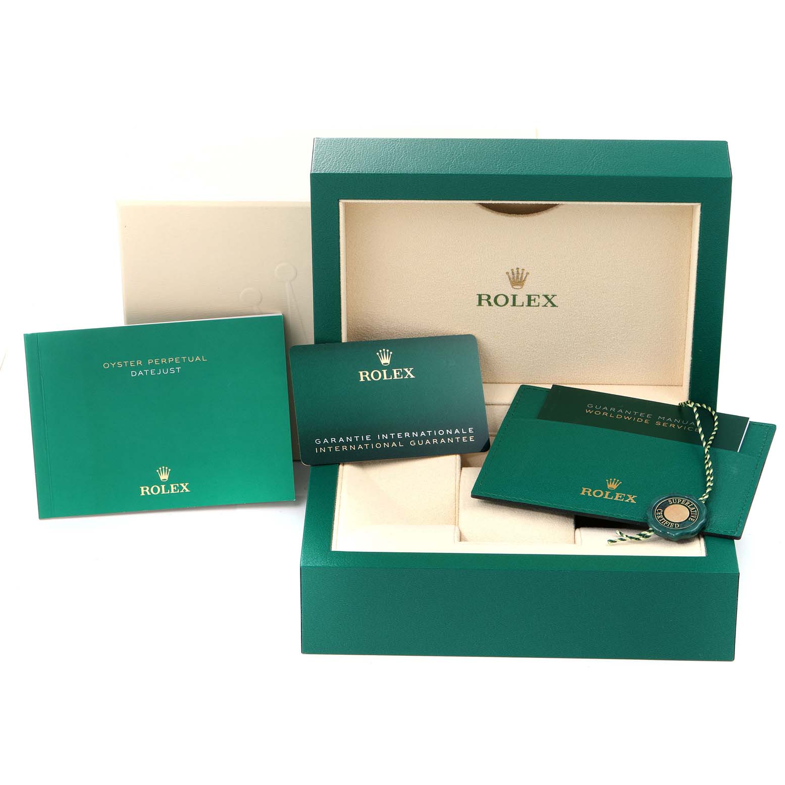 The image shows the packaging, warranty cards, and manuals for a Rolex Mid-Size 278274 Women's Stainless Steel Blue Dial 278274 Women's Stainless Steel Blue Dial model watch.