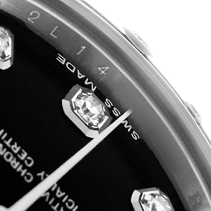The image shows a close-up of the dial and diamond markers of a Rolex Datejust 178344 Women's Stainless Steel Black Dial, highlighting "SWISS MADE."