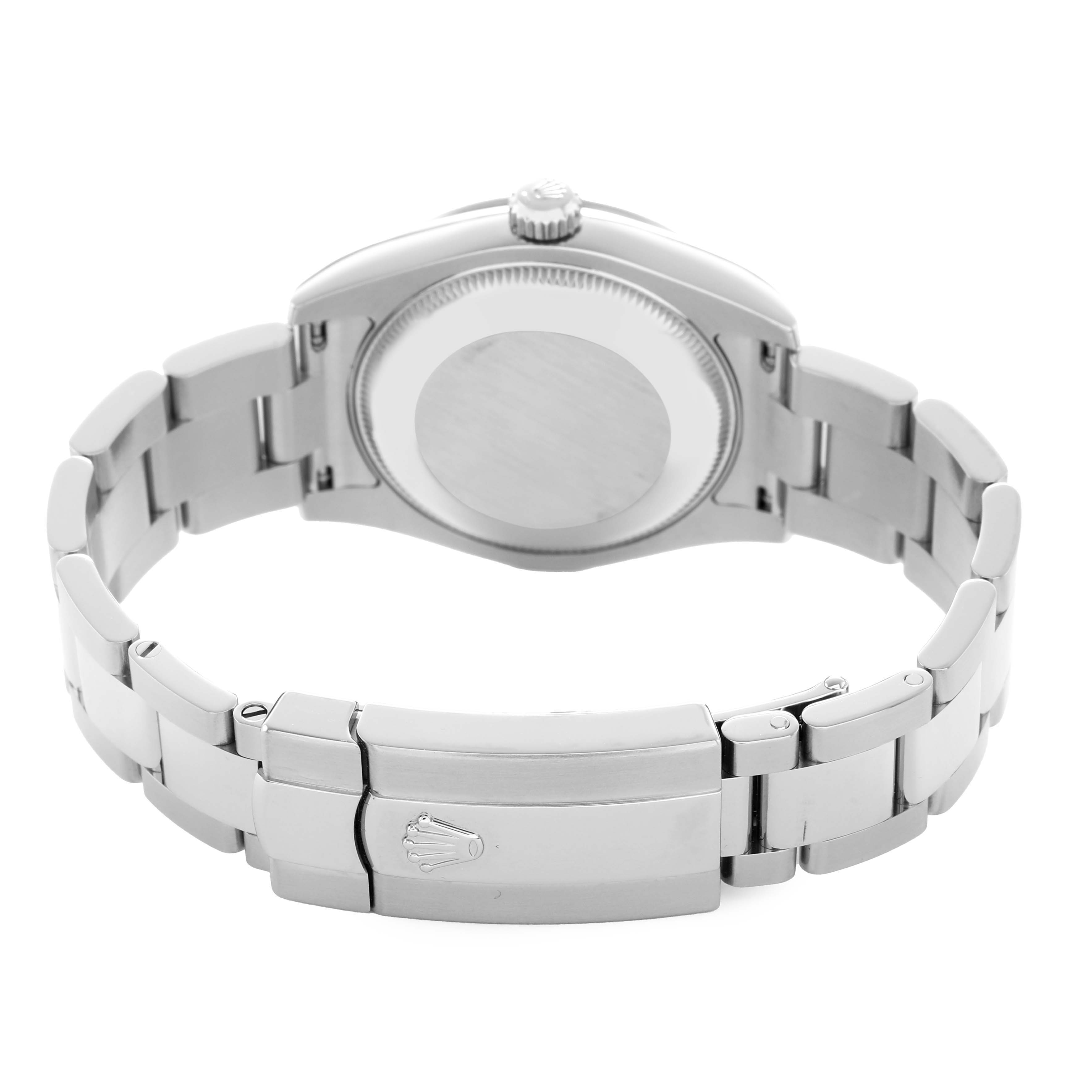 The image shows the backside of a Rolex Datejust 178344 Women's Stainless Steel Black Dial watch, focusing on the case back, bracelet, and clasp.