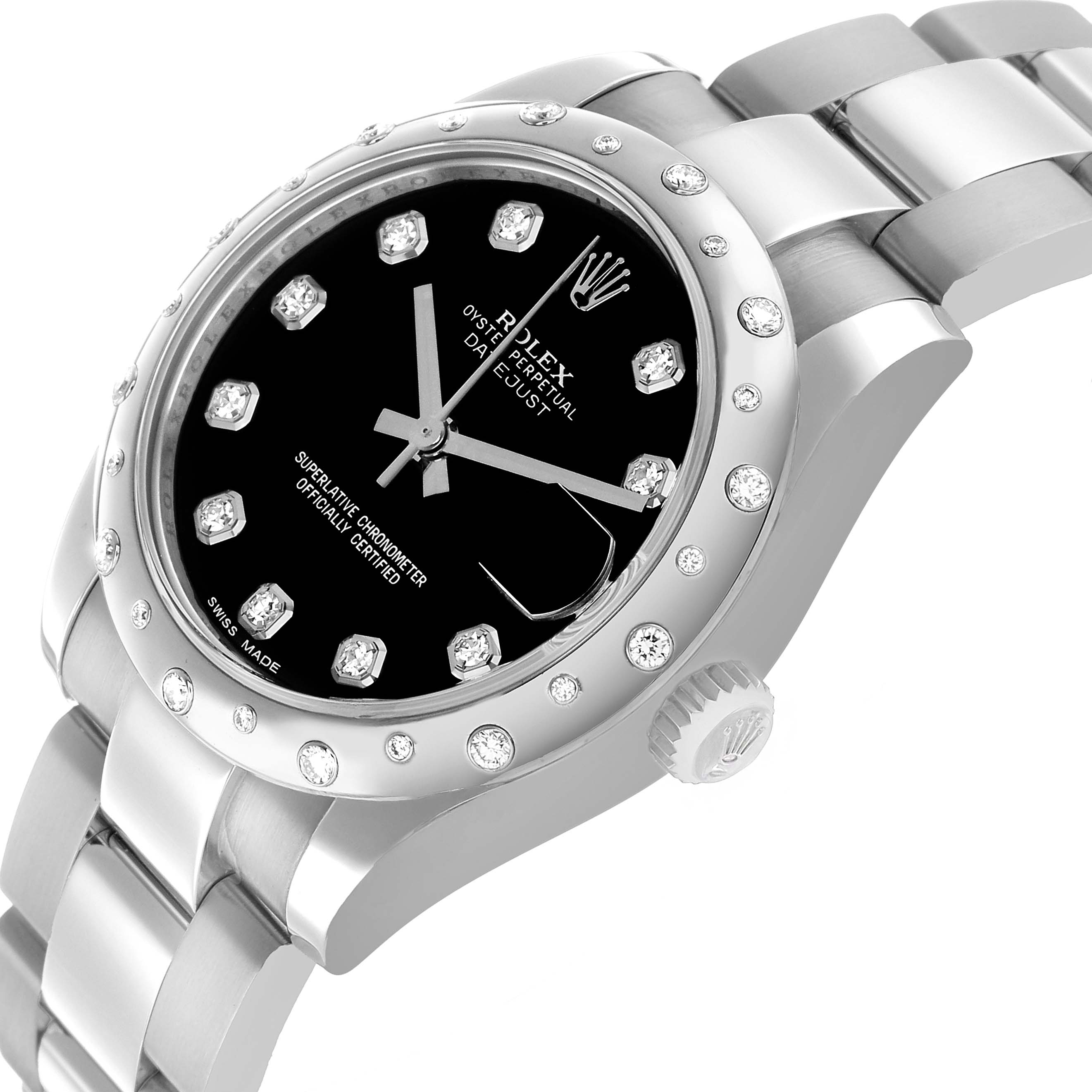 The Rolex Datejust 178344 Women's Stainless Steel Black Dial watch is shown at an angled view highlighting the bezel, dial, and bracelet.