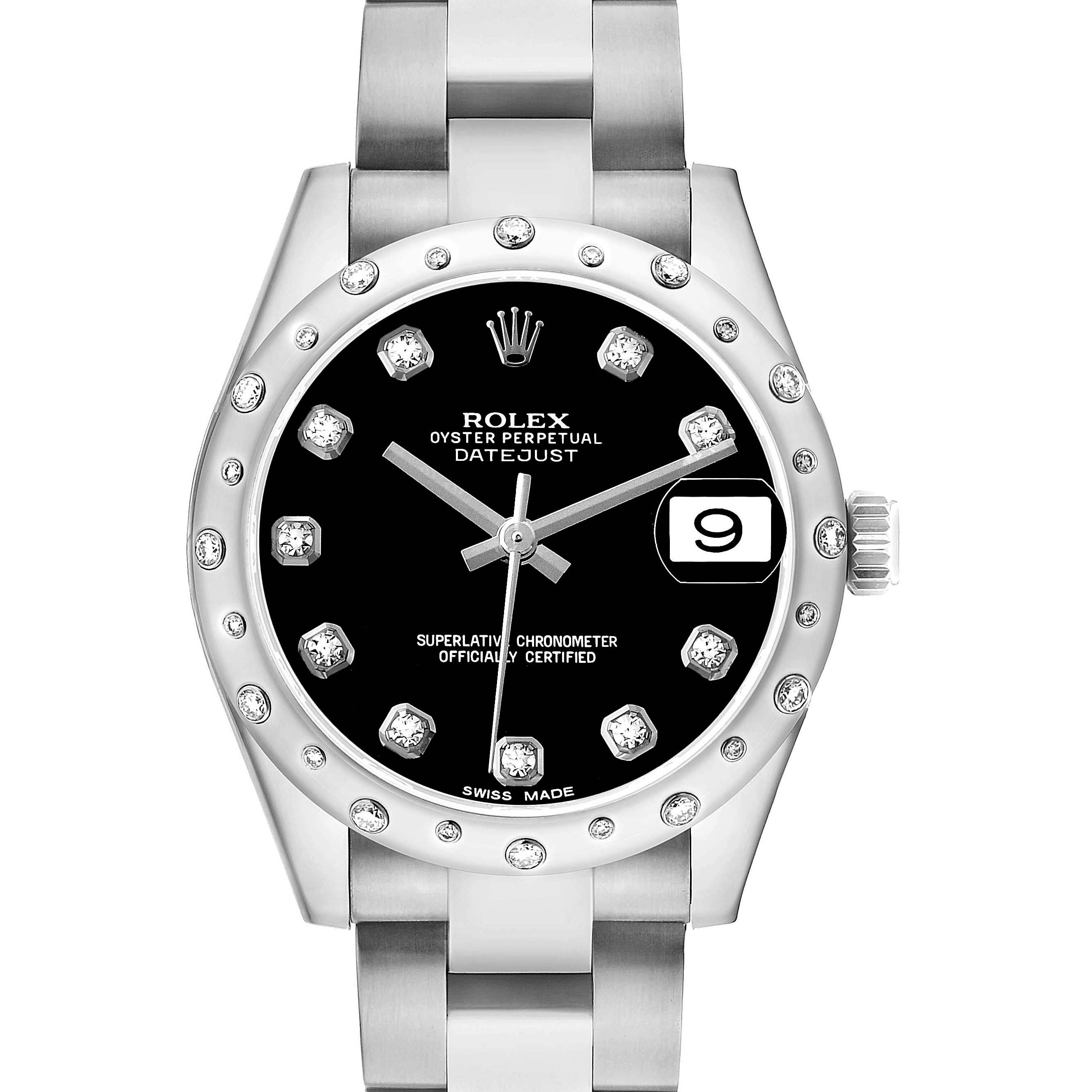 The Rolex Datejust 178344 Women's Stainless Steel Black Dial watch is shown from a front angle, highlighting the face, bezel, and part of the bracelet.