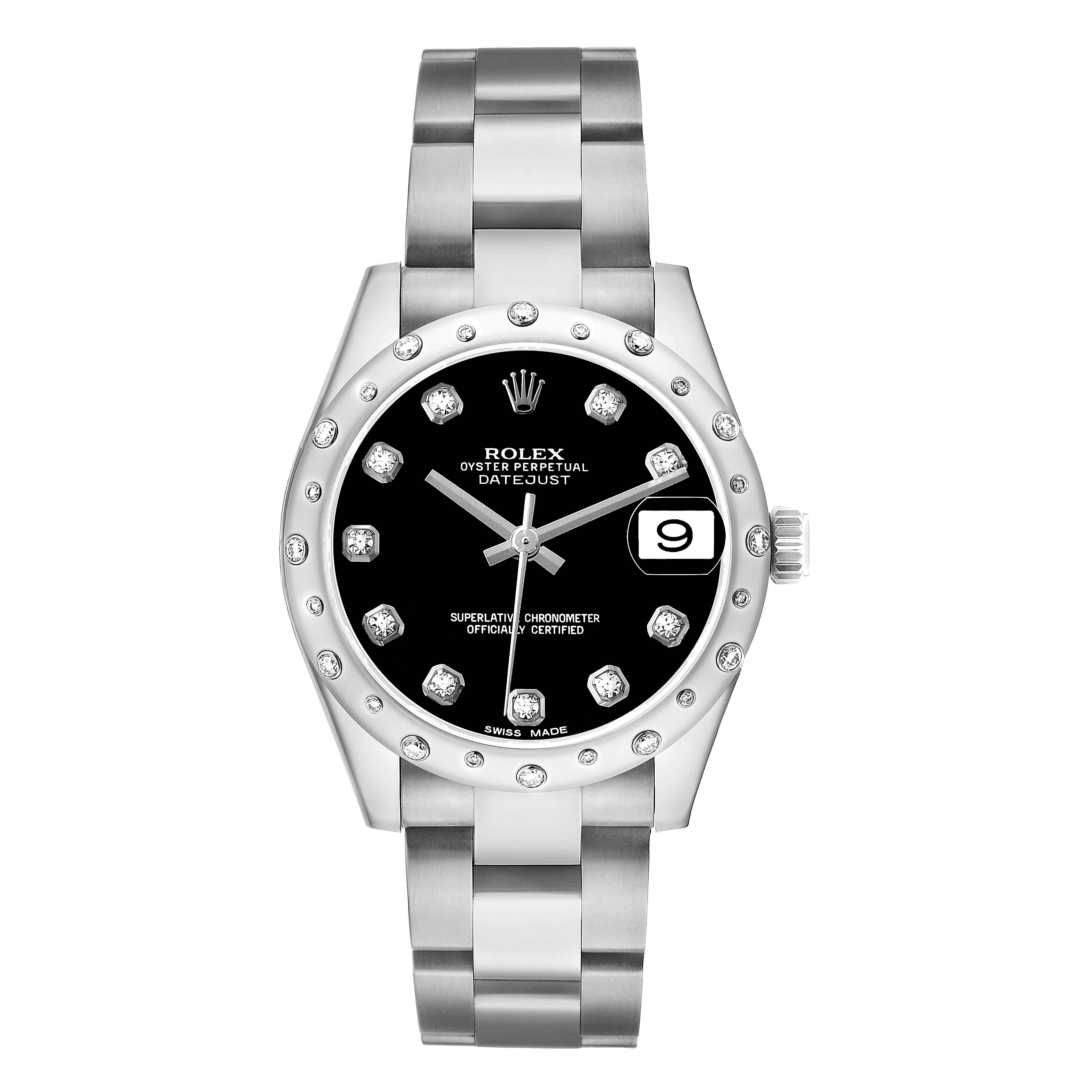 The Rolex Datejust 178344 Women's Stainless Steel Black Dial watch is shown from a top view, highlighting the dial, bezel, and bracelet.