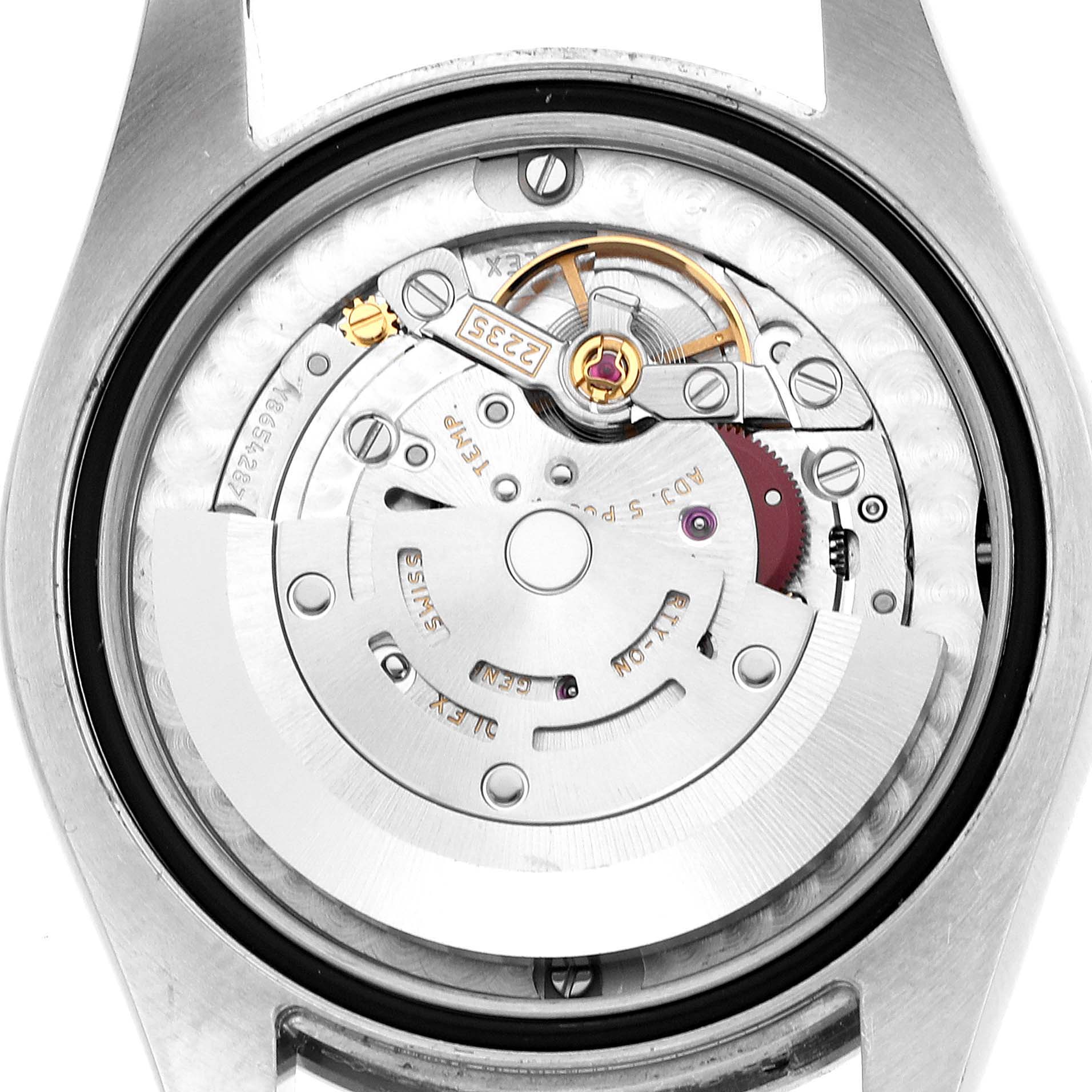 The image shows the movement of a Rolex Datejust 178344 Women's Stainless Steel Black Dial watch, highlighting gears and mechanisms from a rear angle.