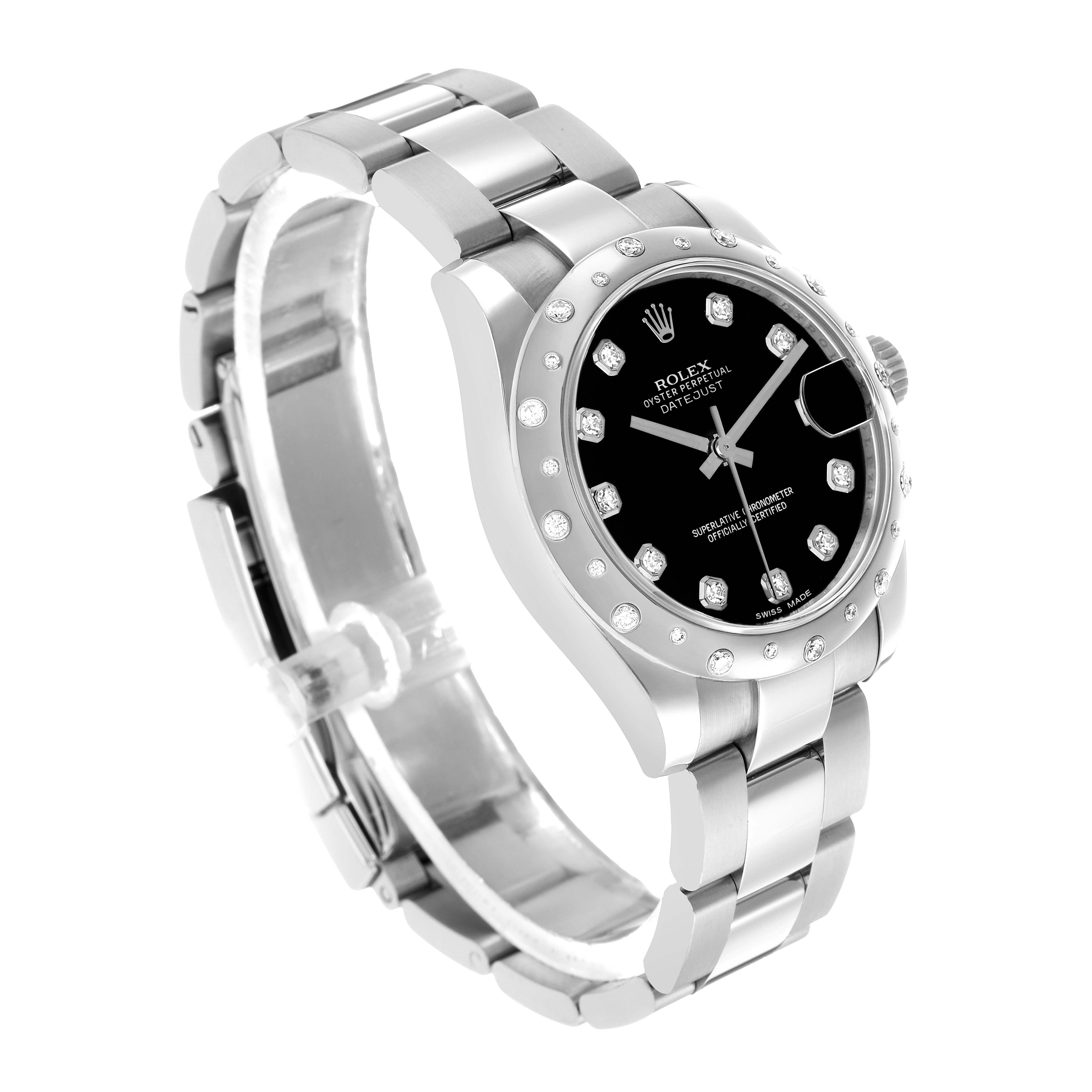 The image shows a Rolex Datejust 178344 Women's Stainless Steel Black Dial watch at a three-quarter angle, highlighting the black dial, diamond markers, bezel, and oyster bracelet.