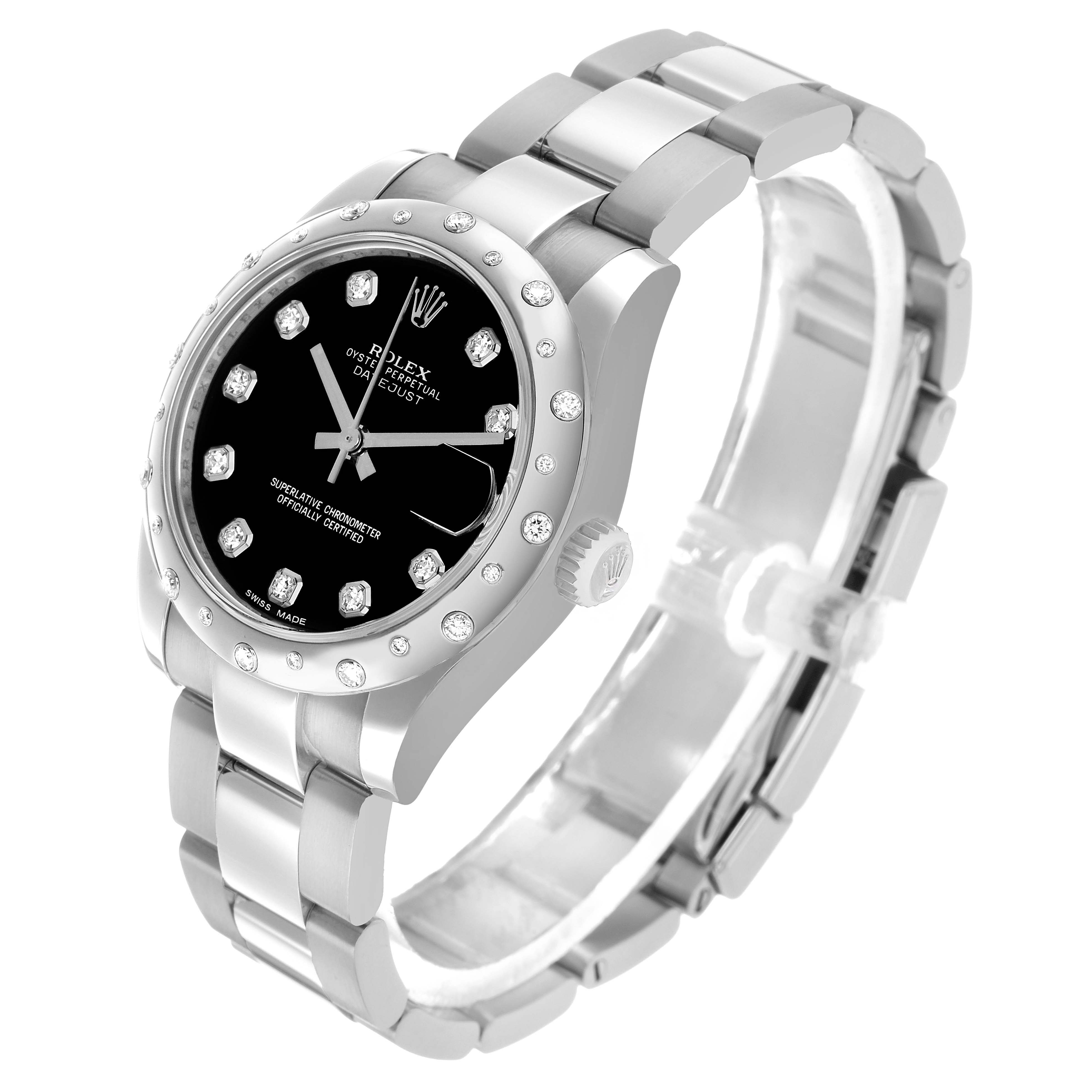 The Rolex Datejust 178344 Women's Stainless Steel Black Dial watch is angled to show the face, bezel, crown, and part of the bracelet in a side view.