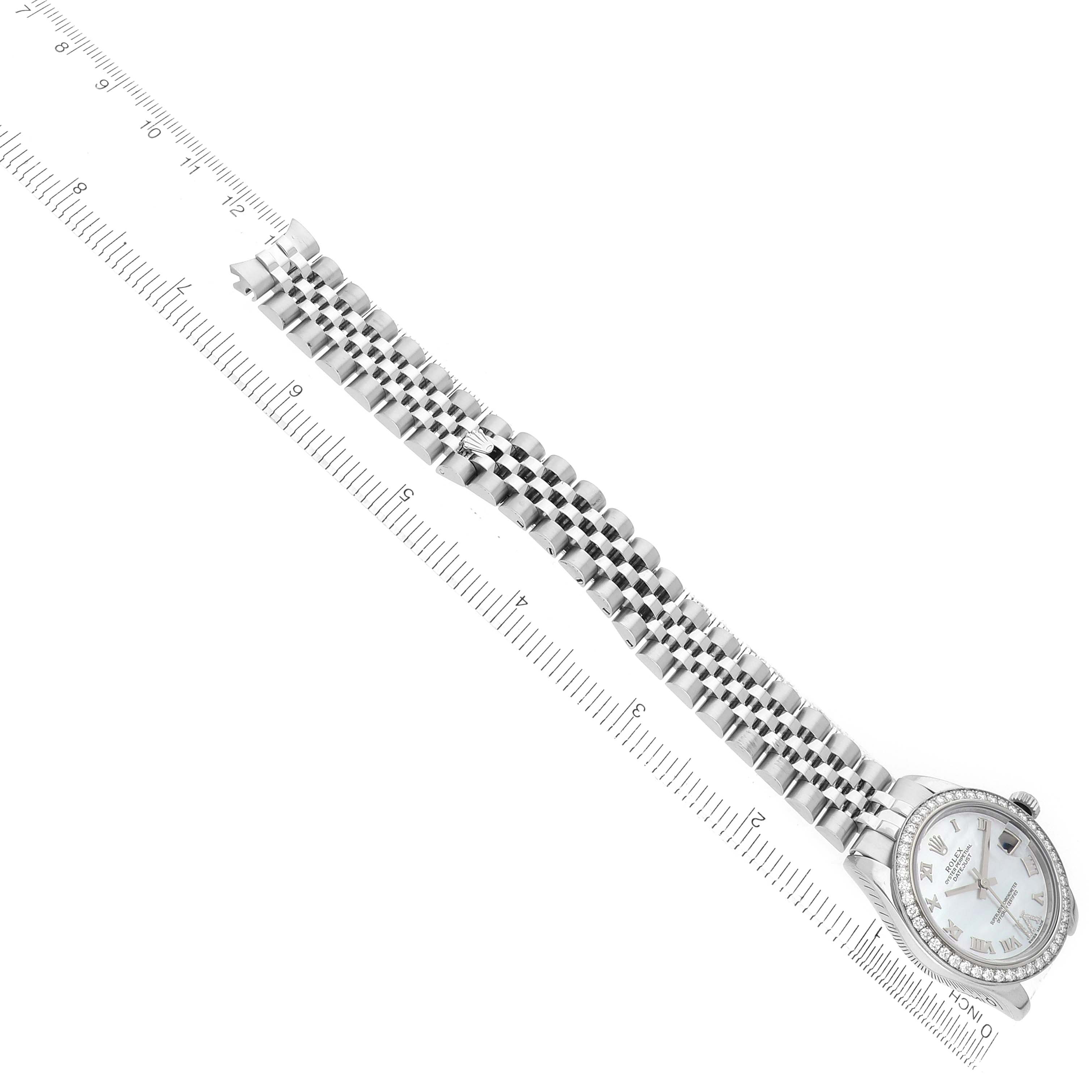 The Rolex Datejust 178384 Women's Stainless Steel Mother of Pearl Dial watch is shown from a top-down angle, highlighting the full bracelet and dial.