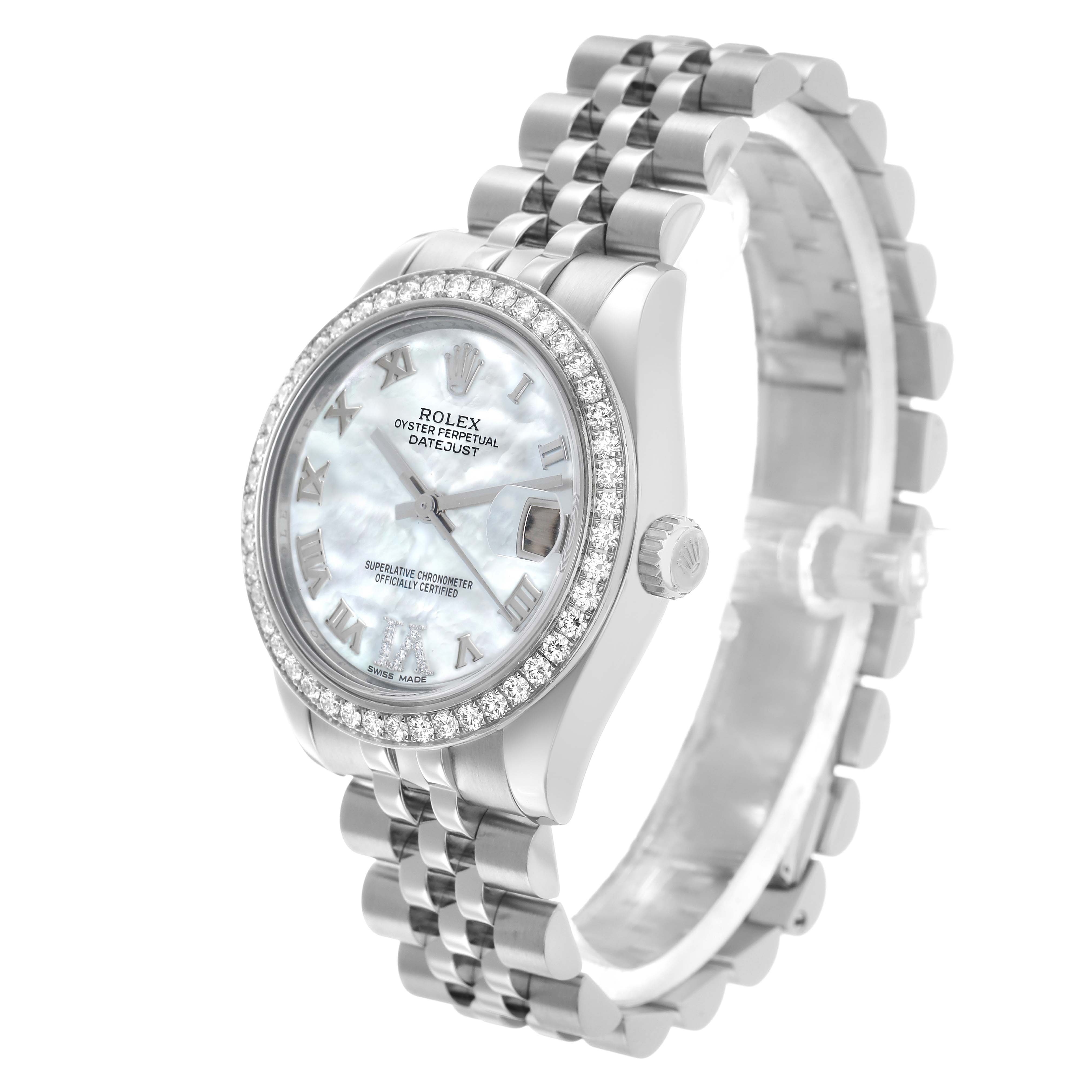 The Rolex Datejust 178384 Women's Stainless Steel Mother of Pearl Dial watch is shown at an angled side view, highlighting the face, bezel, crown, and bracelet.