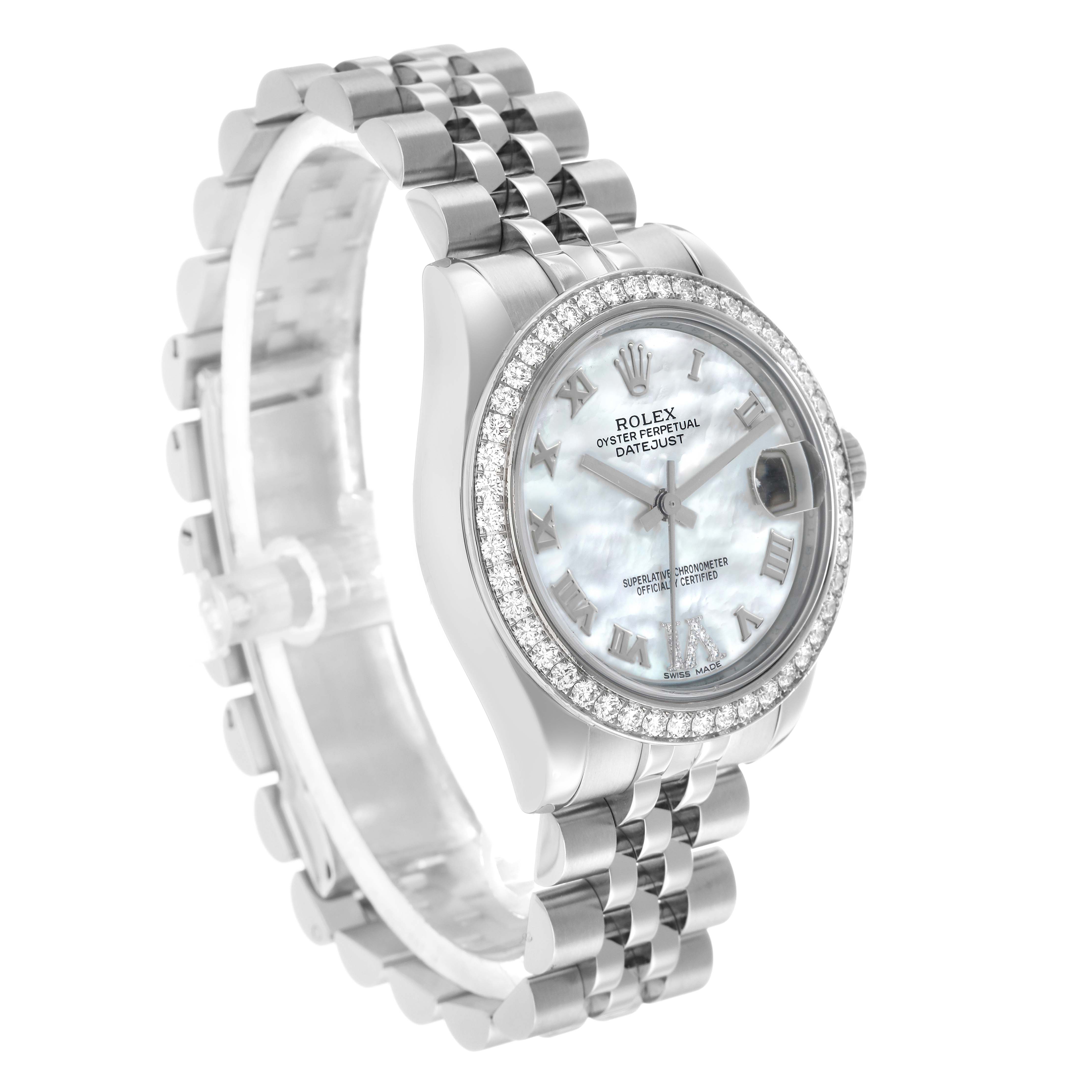 The Rolex Datejust 178384 Women's Stainless Steel Mother of Pearl Dial watch is shown at a slight angle, highlighting the face, bezel, and bracelet.