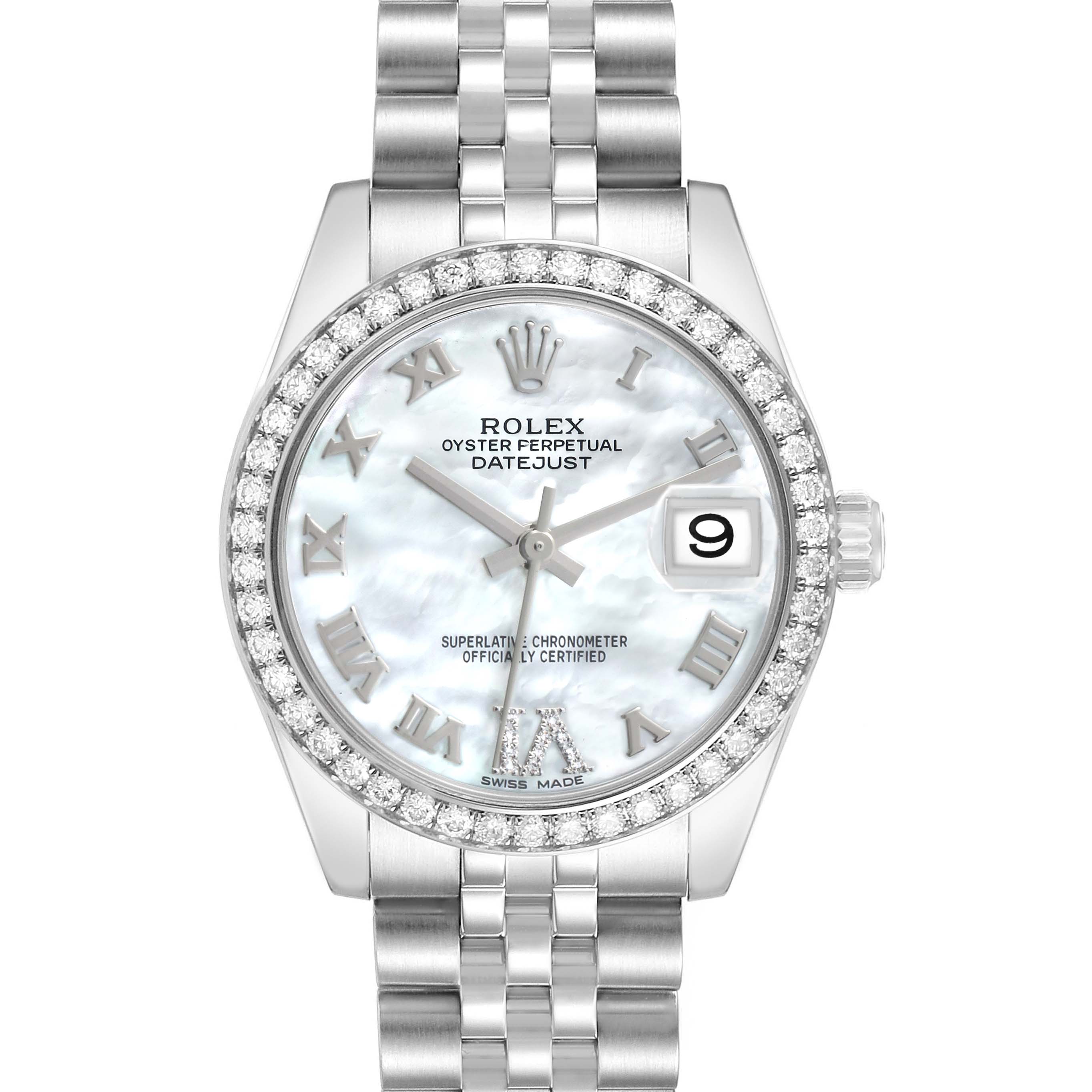 The Rolex Datejust 178384 Women's Stainless Steel Mother of Pearl Dial watch is shown from a front view, displaying its dial, bezel, and bracelet.