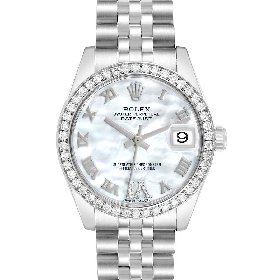The Rolex Datejust 178384 Women's Stainless Steel Mother of Pearl Dial watch is shown from a front view, displaying its dial, bezel, and bracelet.