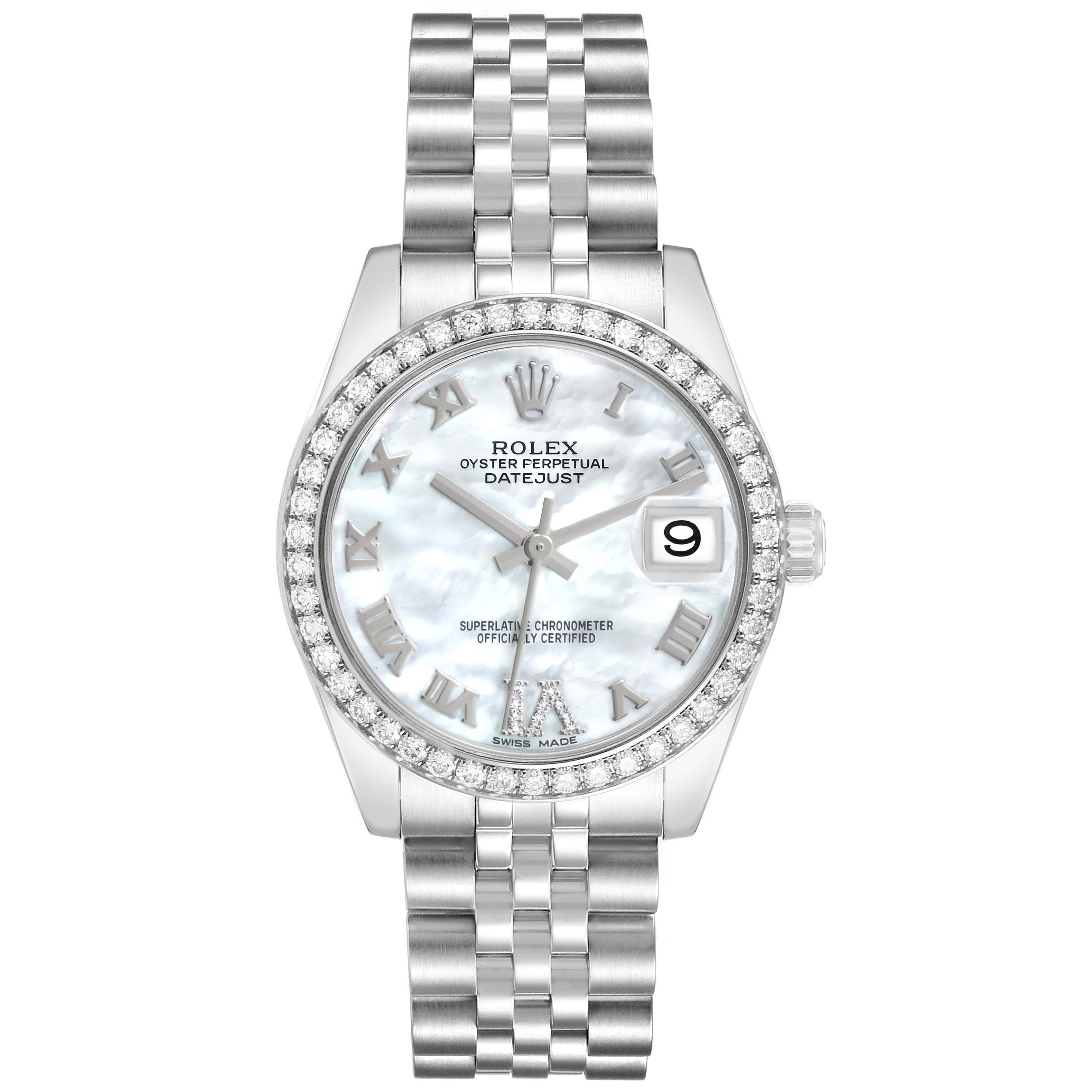 The Rolex Datejust 178384 Women's Stainless Steel Mother of Pearl Dial watch is shown from a top view, displaying the dial, bezel, and bracelet.
