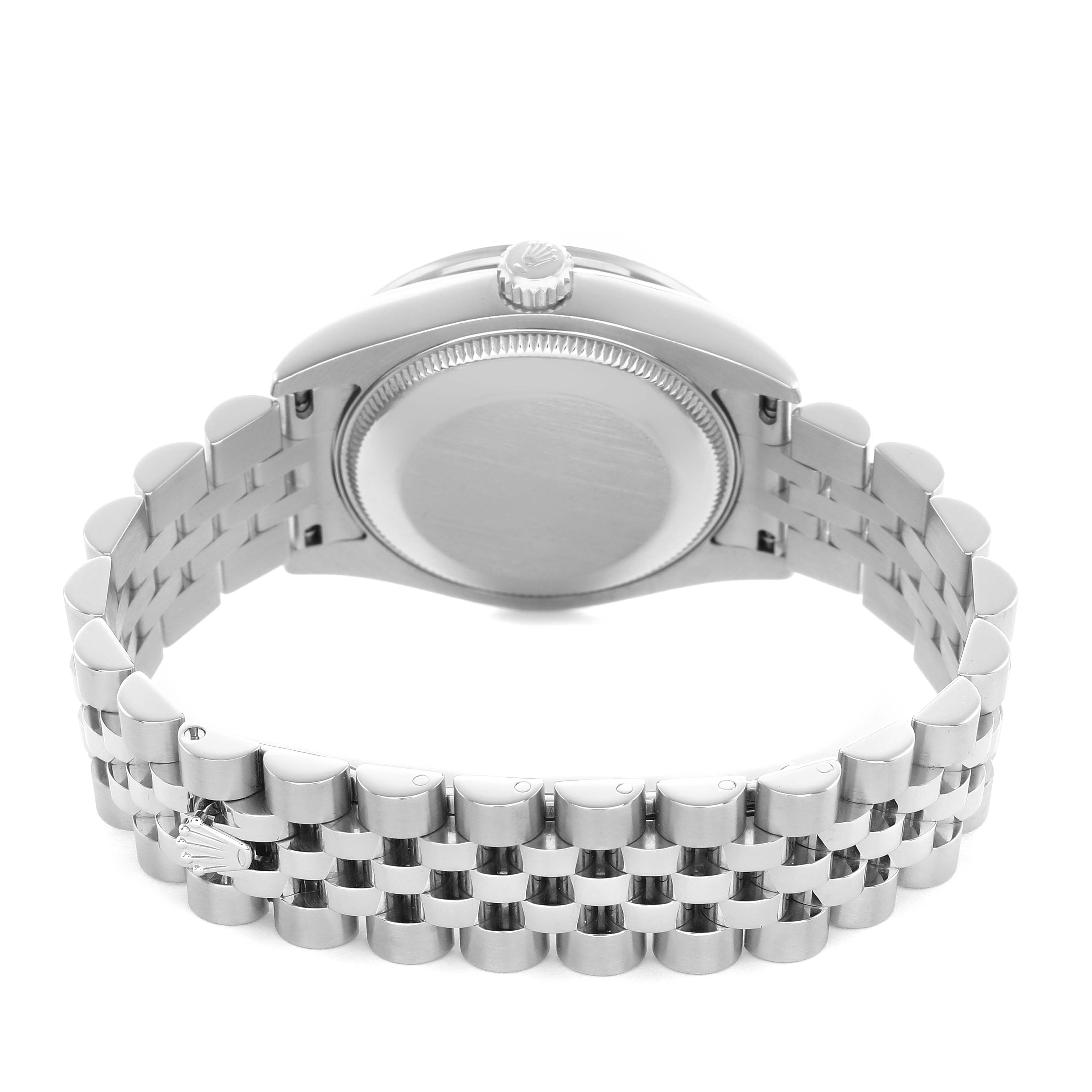 The image shows the Rolex Datejust 178384 Women's Stainless Steel Mother of Pearl Dial watch from the back, highlighting the caseback, crown, and Jubilee bracelet.