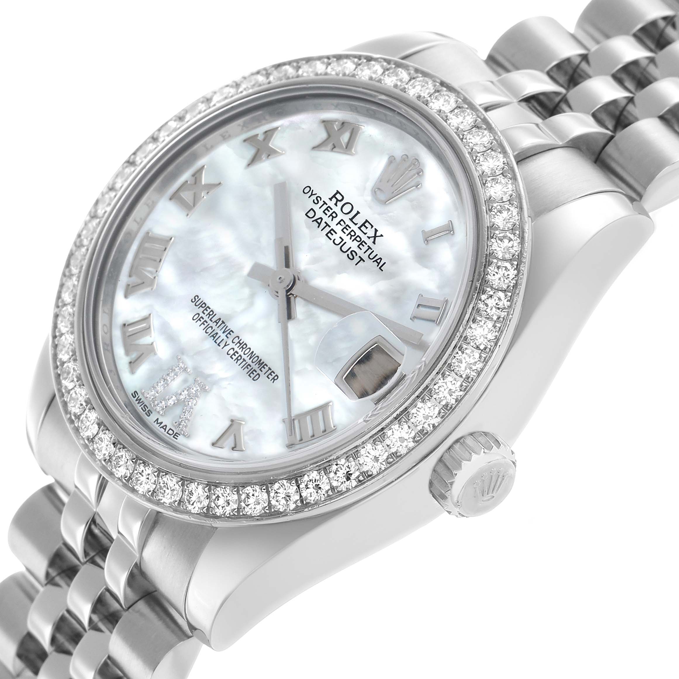 The image shows a Rolex Datejust 178384 Women's Stainless Steel Mother of Pearl Dial watch at an angle displaying the face, bezel, crown, and part of the bracelet.