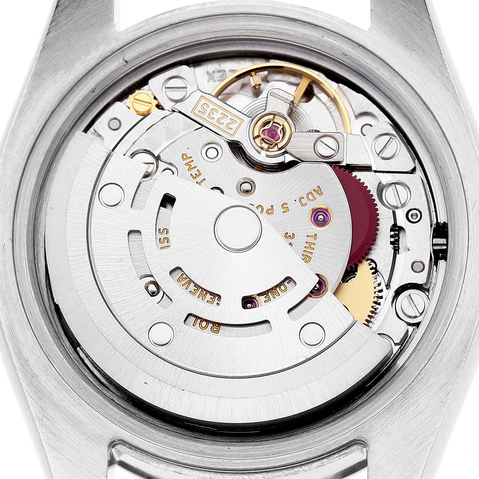 The image shows the back view of a Rolex Datejust 179174 Women's Stainless Steel Mother of Pearl Dial 179174 Women's Stainless Steel Mother of Pearl Dial watch, highlighting its intricate mechanical movement and rotor.