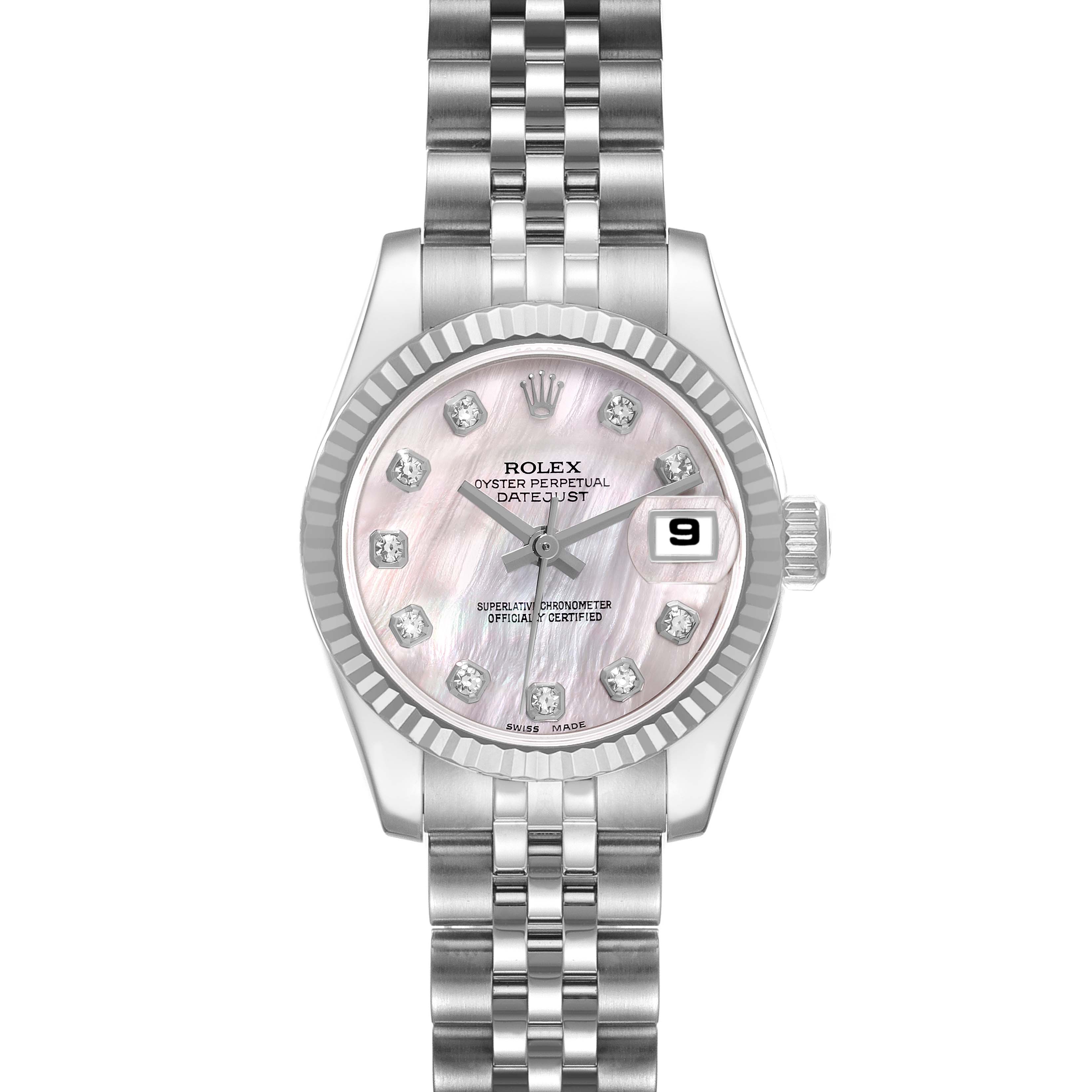 The image shows a front view of a Rolex Datejust 179174 Women's Stainless Steel Mother of Pearl Dial 179174 Women's Stainless Steel Mother of Pearl Dial model, displaying the dial, bezel, and bracelet.
