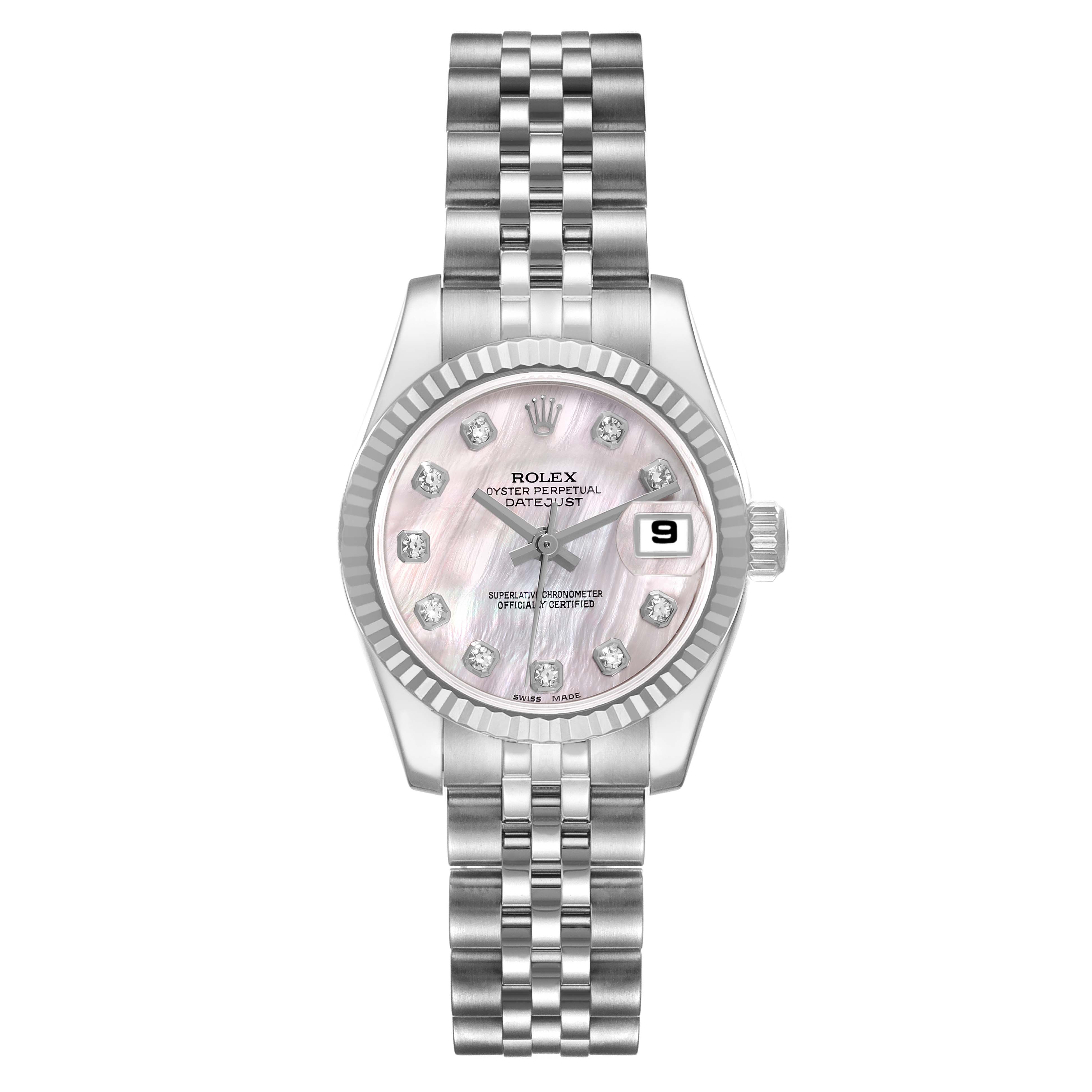 The image shows a front view of a Rolex Datejust 179174 Women's Stainless Steel Mother of Pearl Dial 179174 Women's Stainless Steel Mother of Pearl Dial watch with a mother-of-pearl dial and a stainless steel Jubilee bracelet.
