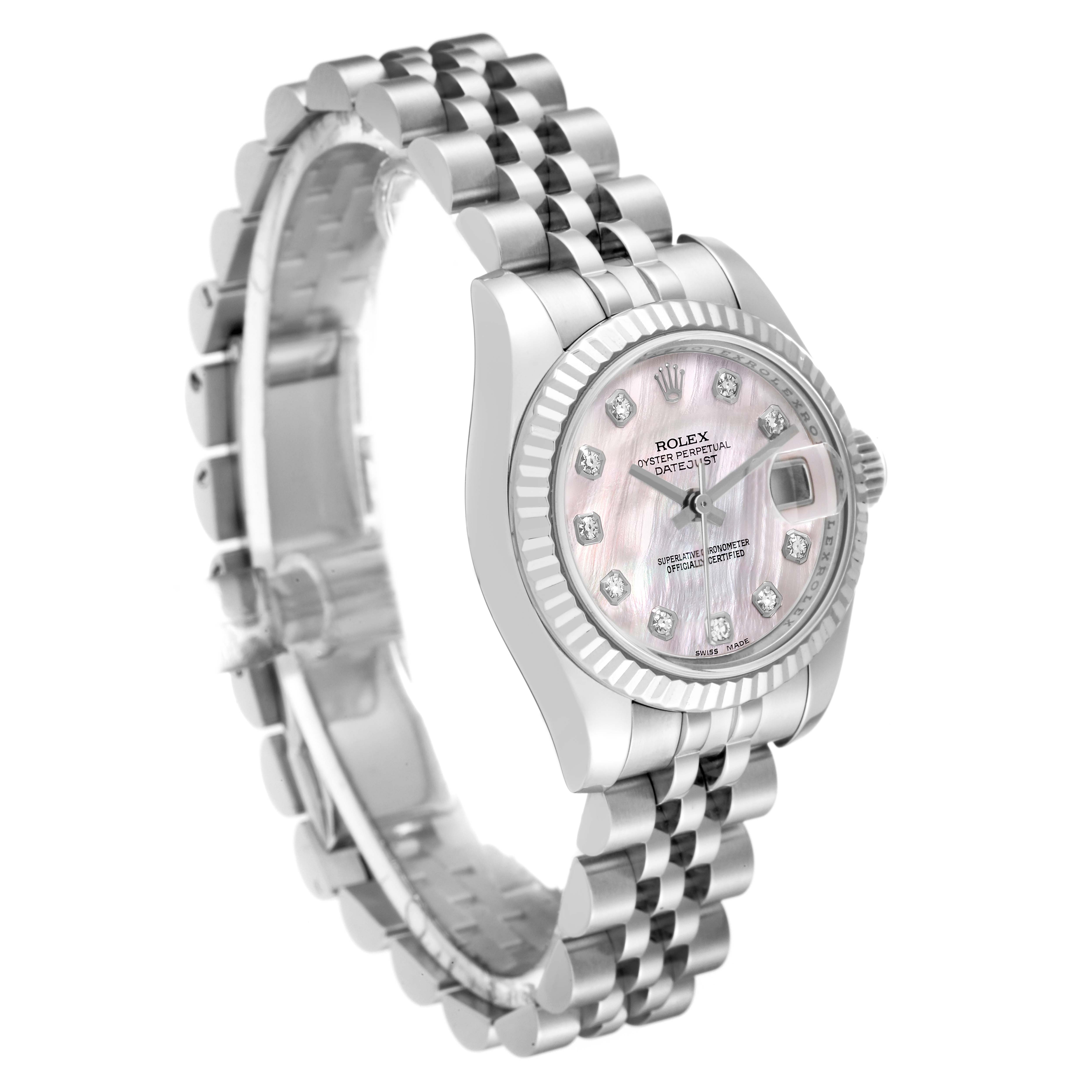 The image shows a Rolex Datejust 179174 Women's Stainless Steel Mother of Pearl Dial 179174 Women's Stainless Steel Mother of Pearl Dial watch with a stainless steel bracelet, fluted bezel, and pink mother-of-pearl diamond dial at a slight angle.