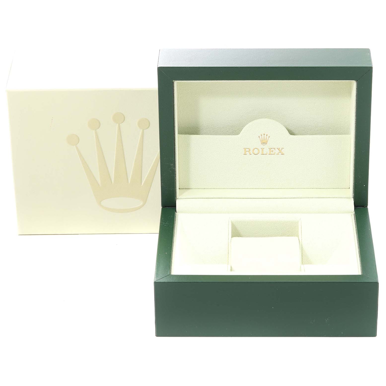 This is an open green and cream Rolex Datejust 179174 Women's Stainless Steel Mother of Pearl Dial 179174 Women's Stainless Steel Mother of Pearl Dial watch box, showing the interior cushion and brand logo.