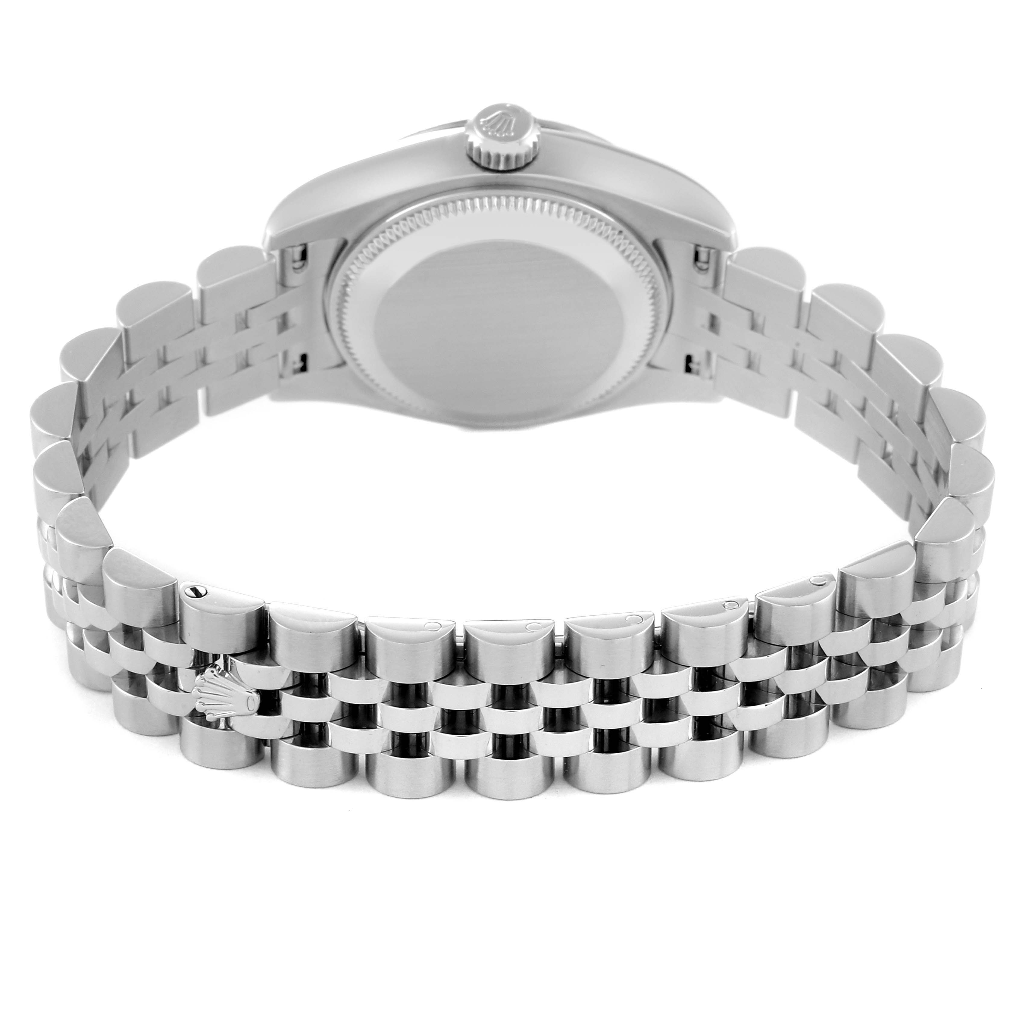 The image shows the back view of a Rolex Datejust 179174 Women's Stainless Steel Mother of Pearl Dial 179174 Women's Stainless Steel Mother of Pearl Dial watch, highlighting its case and jubilee bracelet.