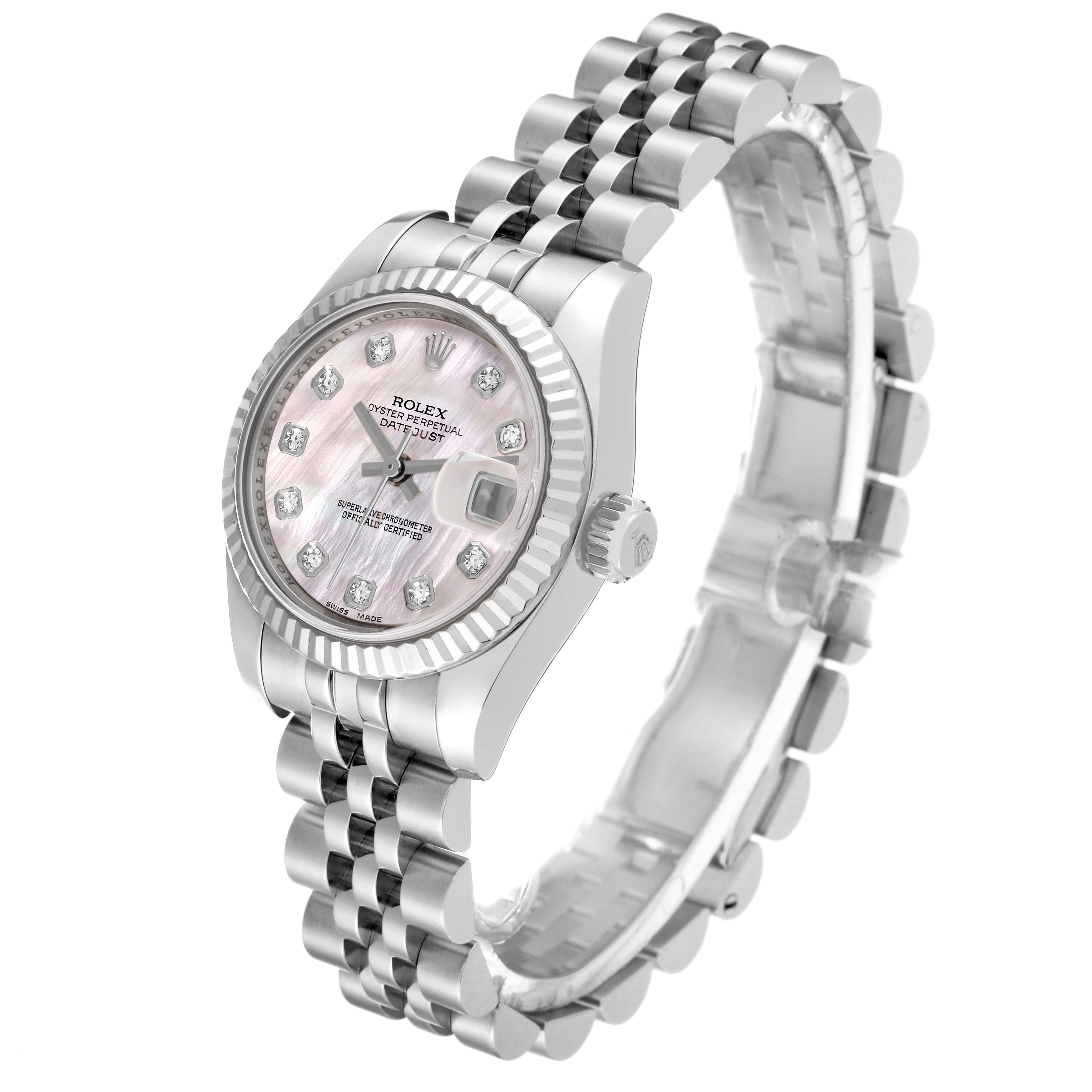 This image shows the Rolex Datejust 179174 Women's Stainless Steel Mother of Pearl Dial 179174 Women's Stainless Steel Mother of Pearl Dial watch at a three-quarter angle, highlighting its face, bezel, and band.