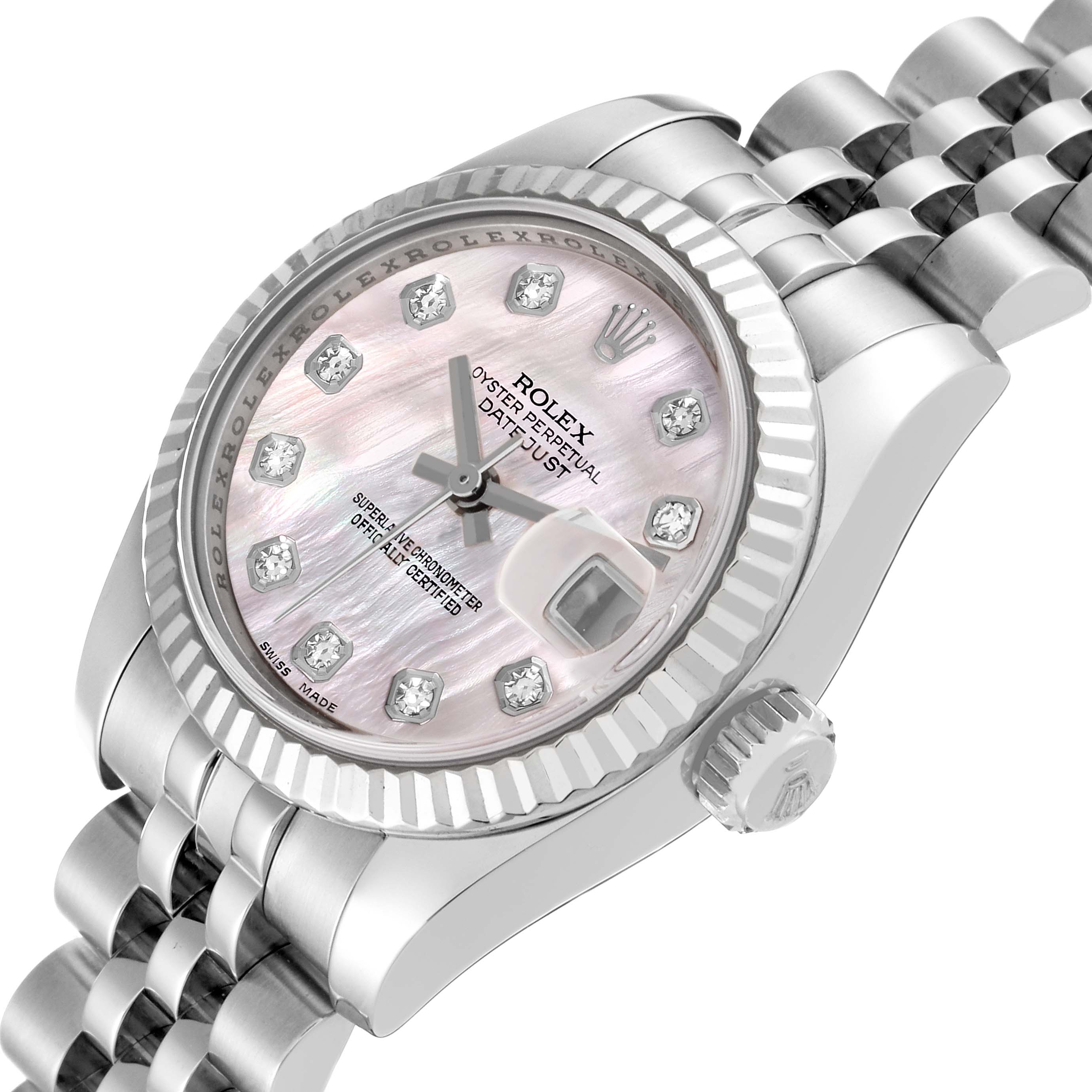 This image shows a close-up, angled view of a Rolex Datejust 179174 Women's Stainless Steel Mother of Pearl Dial 179174 Women's Stainless Steel Mother of Pearl Dial watch, highlighting the dial, bezel, crown, and part of the bracelet.