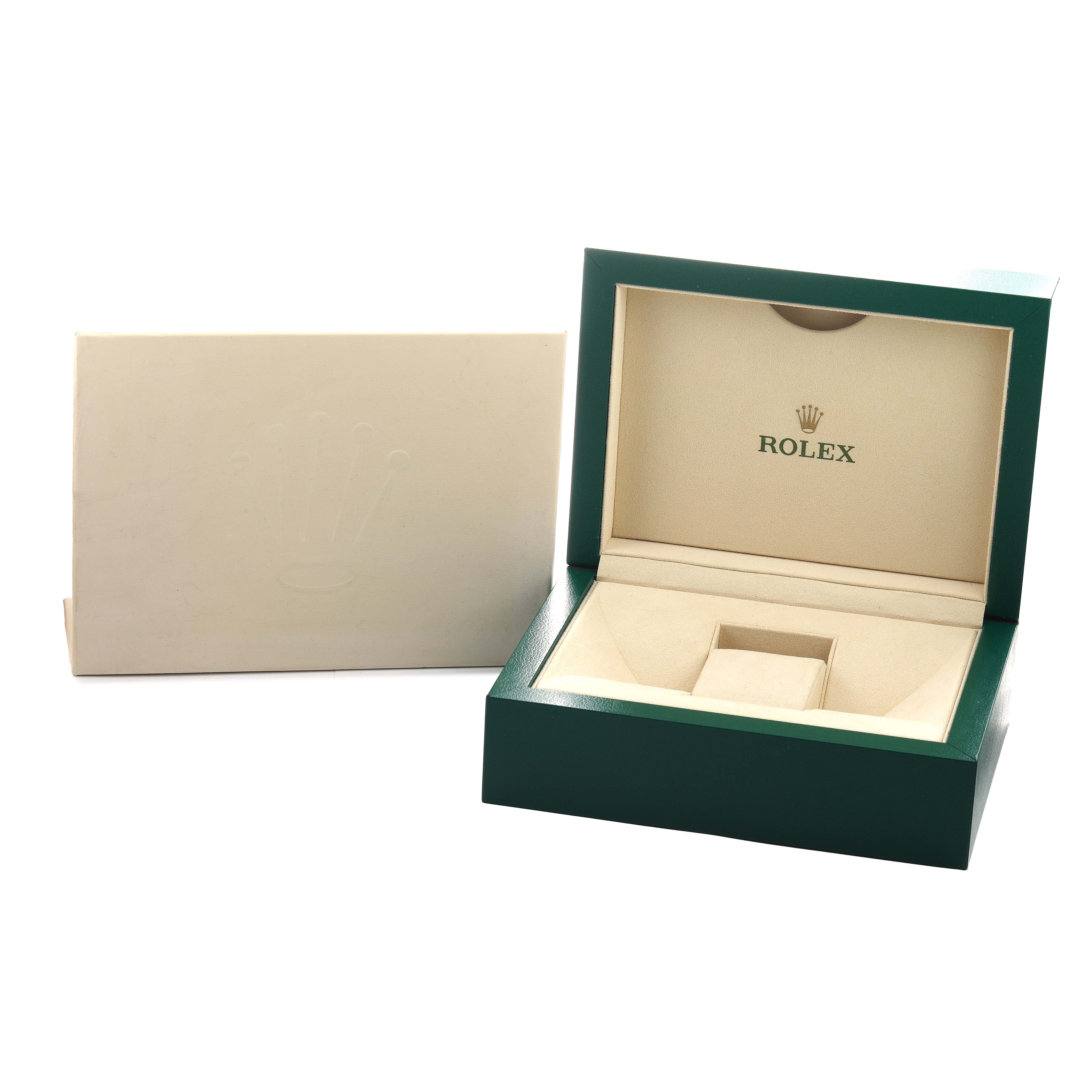 The image shows an open Rolex Datejust 179384 Women's Stainless Steel Pink Dial watch box and its outer cardboard case from a slightly angled perspective.