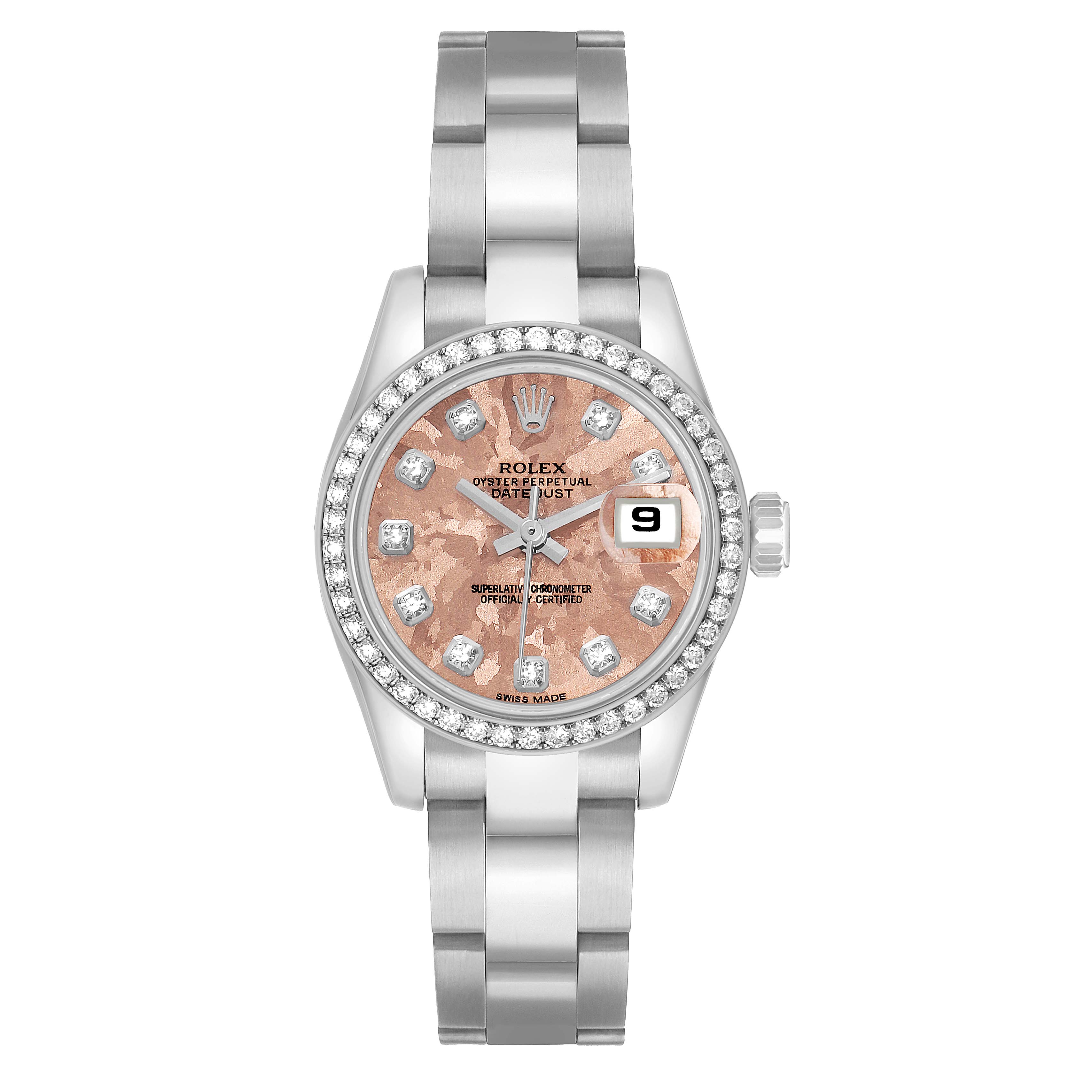 The Rolex Datejust 179384 Women's Stainless Steel Pink Dial watch is shown from a front angle, displaying the dial, bezel, bracelet, and crown.