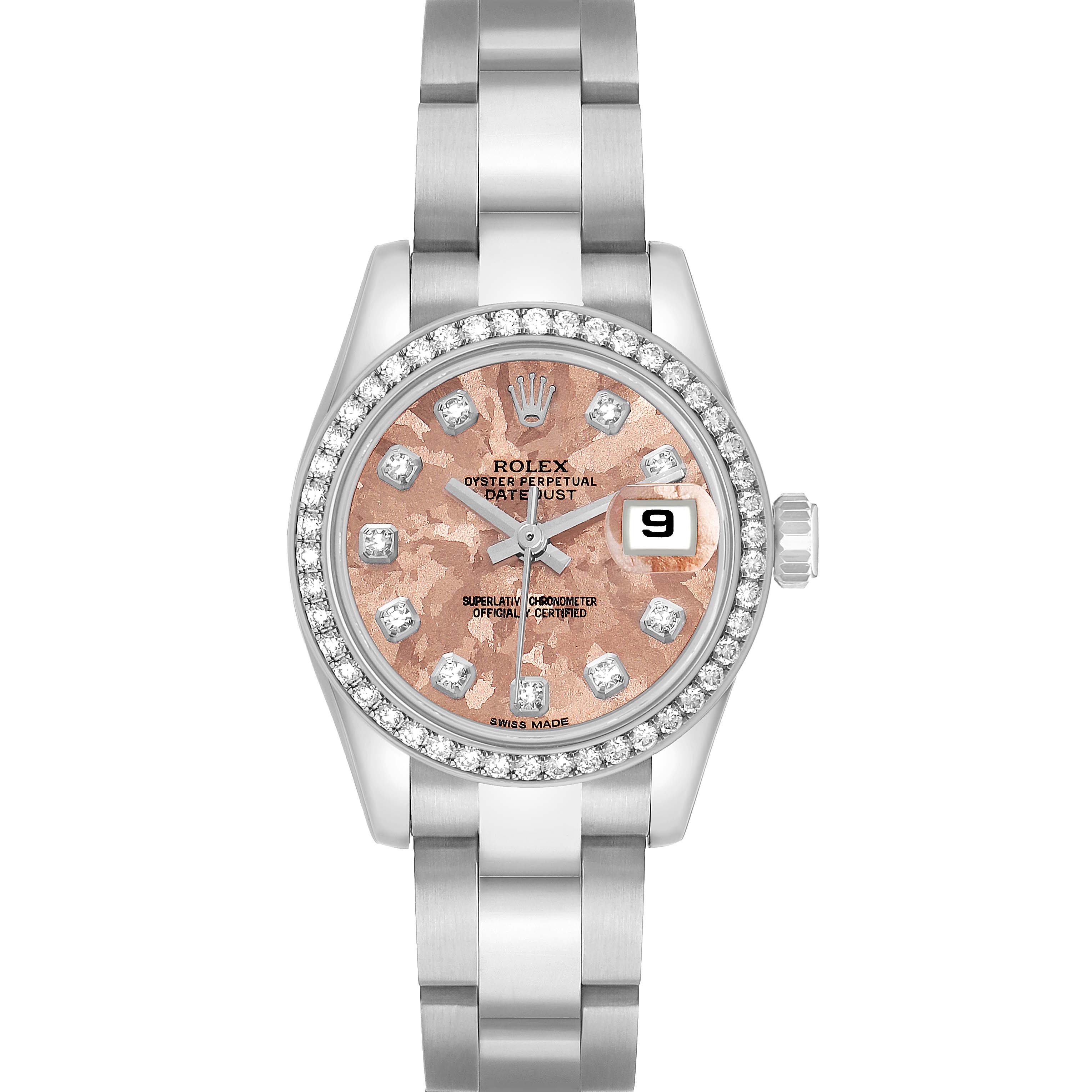 The Rolex Datejust 179384 Women's Stainless Steel Pink Dial is shown from a top view, highlighting its dial, bezel, and bracelet.