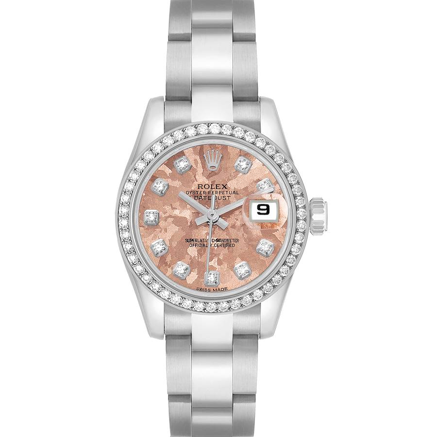 The Rolex Datejust 179384 Women's Stainless Steel Pink Dial is shown from a top view, highlighting its dial, bezel, and bracelet.
