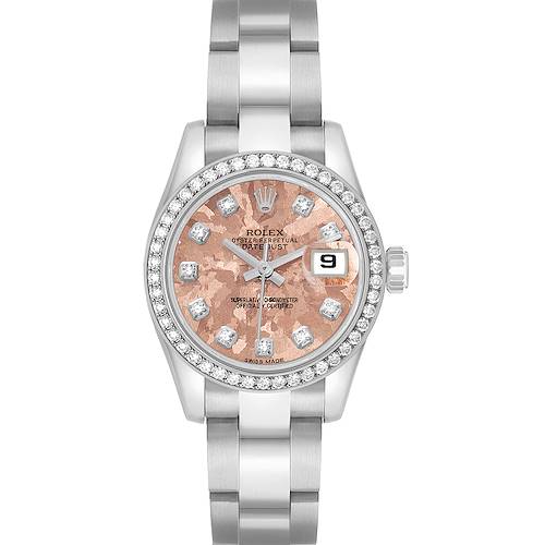 The Rolex Datejust 179384 Women's Stainless Steel Pink Dial watch is shown from a top view, displaying its dial, bezel, bracelet, and crown.
