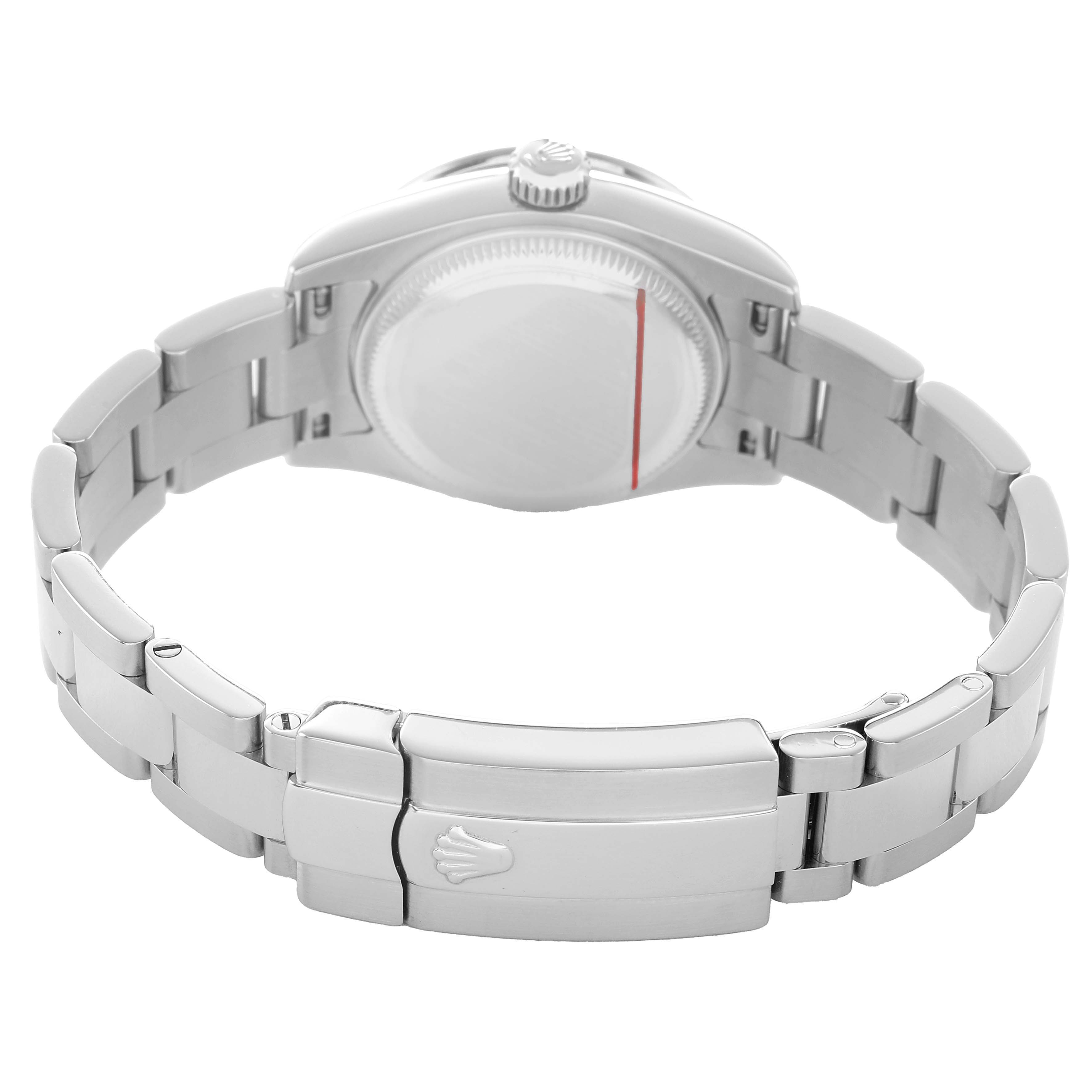 The Rolex Datejust 179384 Women's Stainless Steel Pink Dial watch is shown from the back, highlighting the bracelet, clasp, crown, and case back.