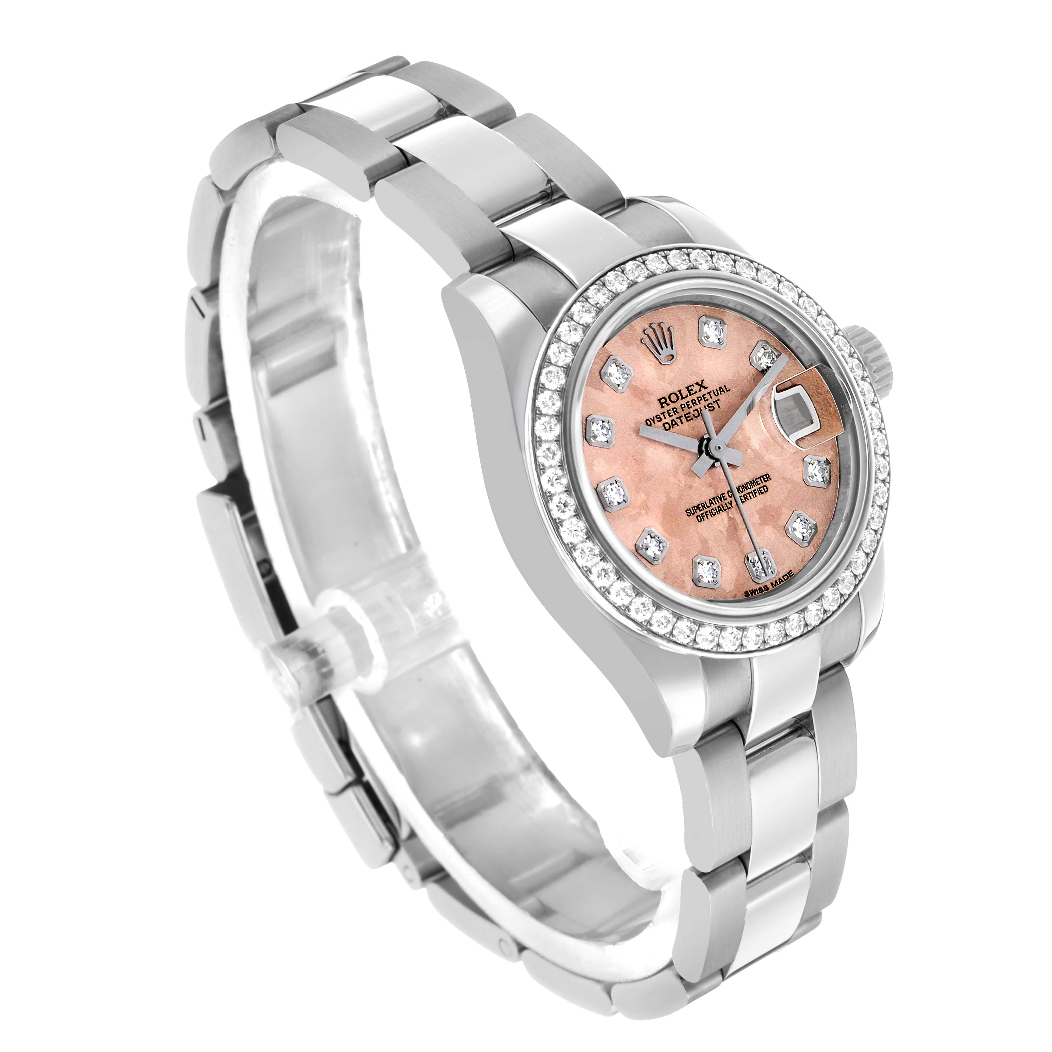 The Rolex Datejust 179384 Women's Stainless Steel Pink Dial is shown at a three-quarter angle, highlighting the bracelet, bezel, and pink dial with diamond markers.