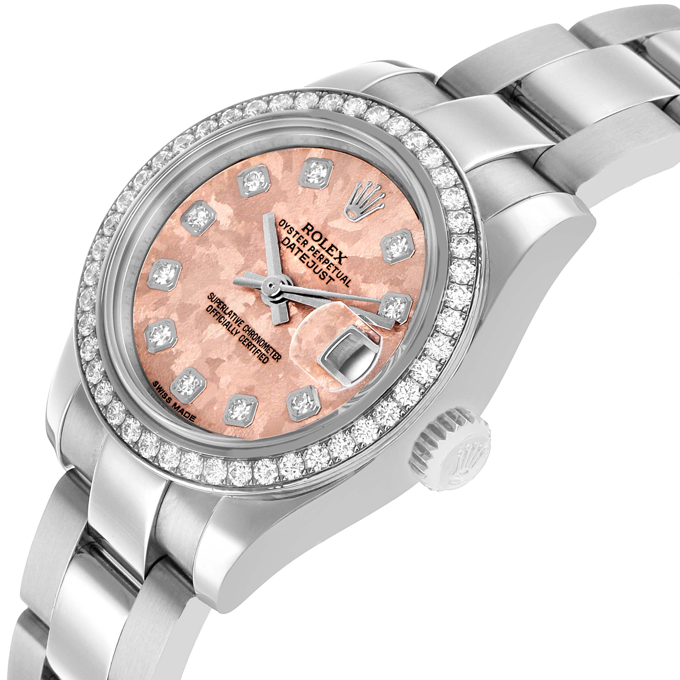 The Rolex Datejust 179384 Women's Stainless Steel Pink Dial watch is shown at a slight side angle, displaying the dial, bezel, crown, and part of the bracelet.