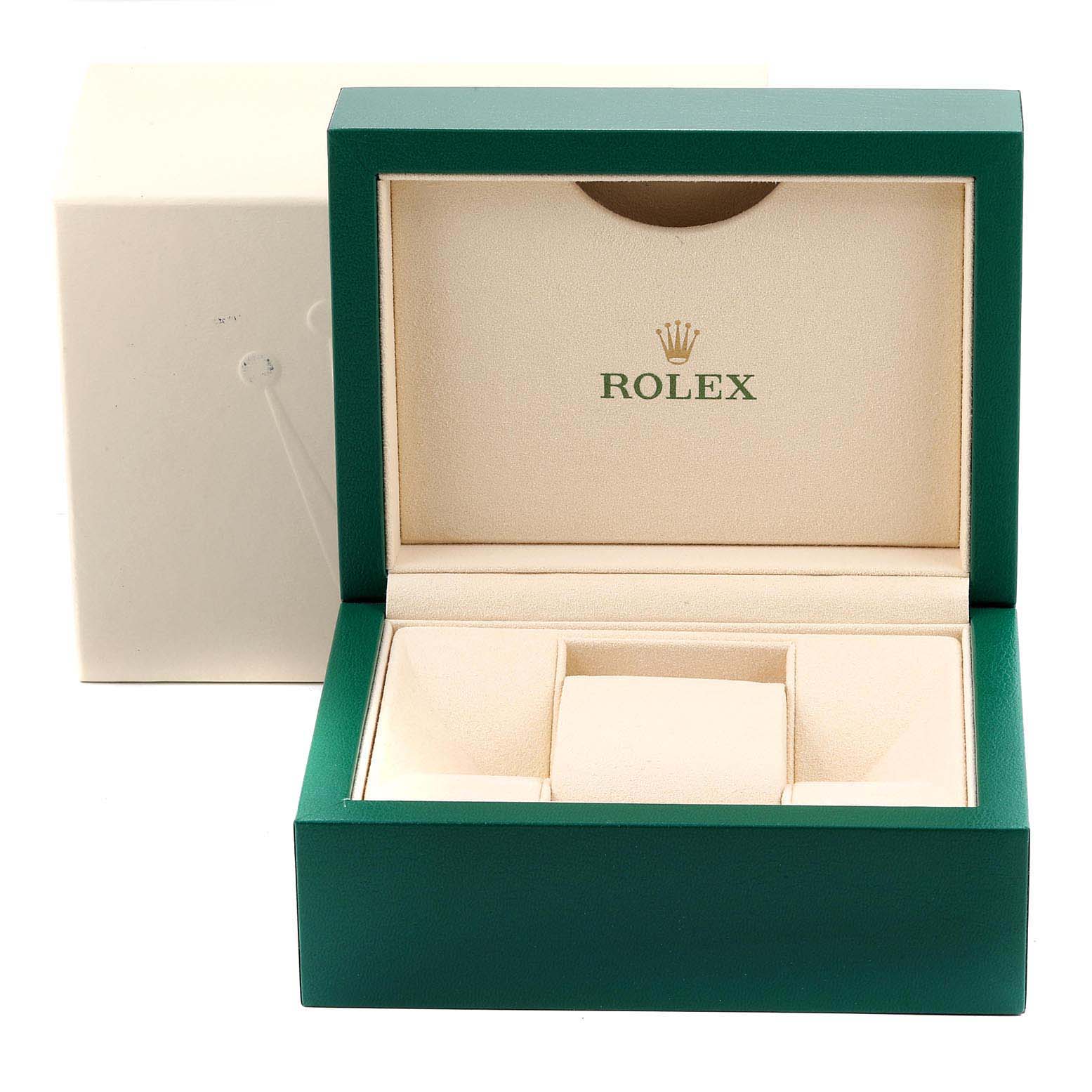 The image shows an open green and cream-colored Rolex Datejust 179174 Women's Stainless Steel Blue Dial 179174 Women's Stainless Steel Blue Dial watch box, displaying the Rolex logo and interior padding.